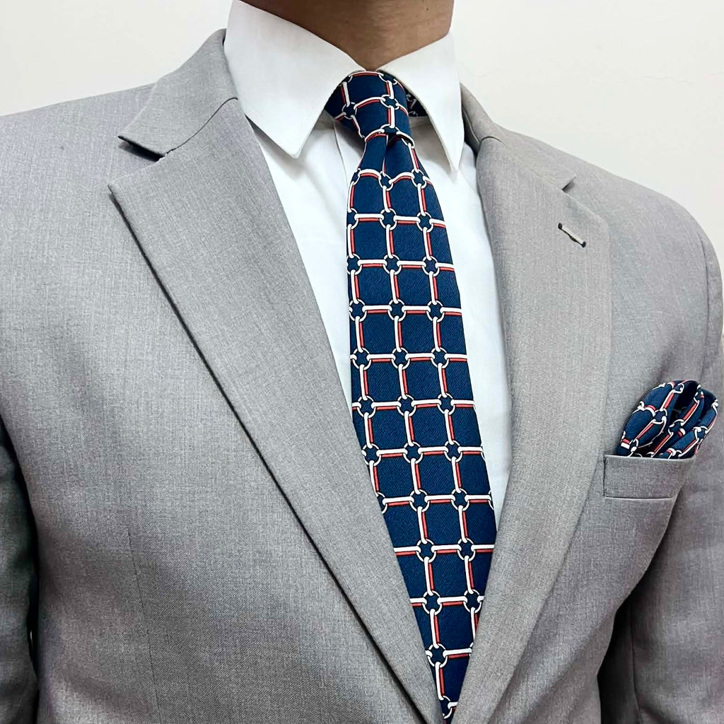 Regal Navy Lattice Grid Tie and Pocket Square Set