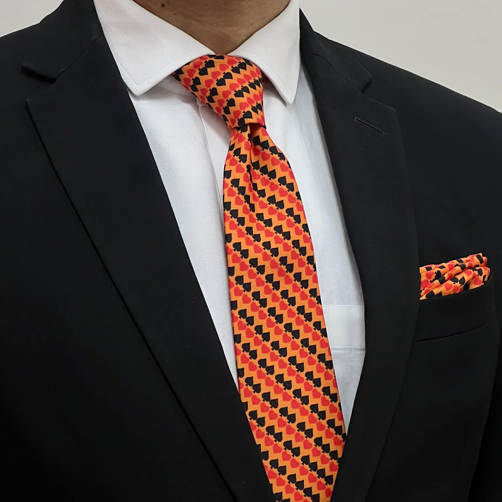 Amber Orange Spade Print Border Tie and Pocket Square Set