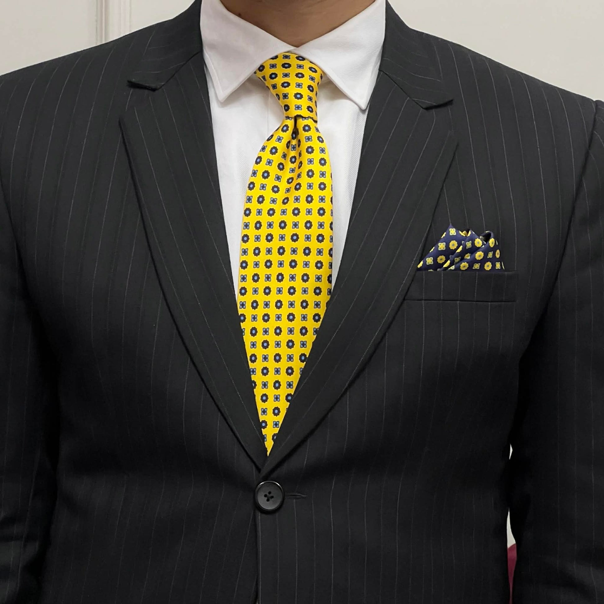 Golden Yellow with Navy Micro Tie with Pocket Square Set