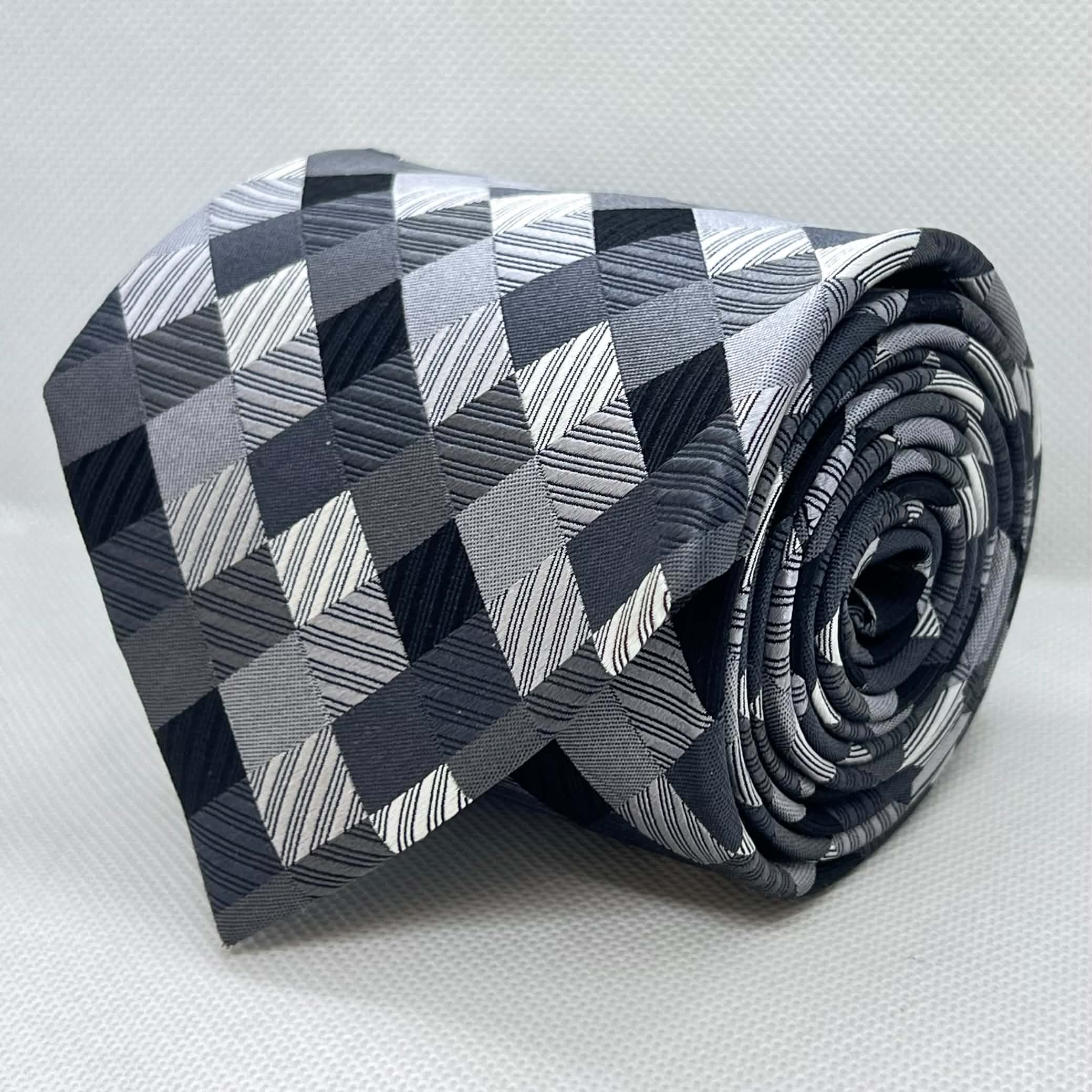 Grey Geometric Cube Silk Broad Tie