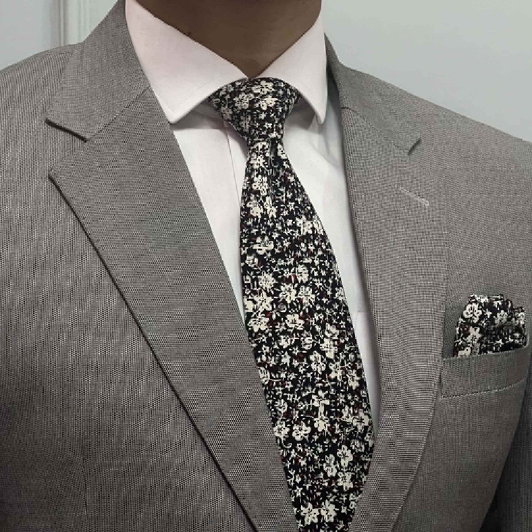 Black Floral Print Silk Tie and Pocket Square Set