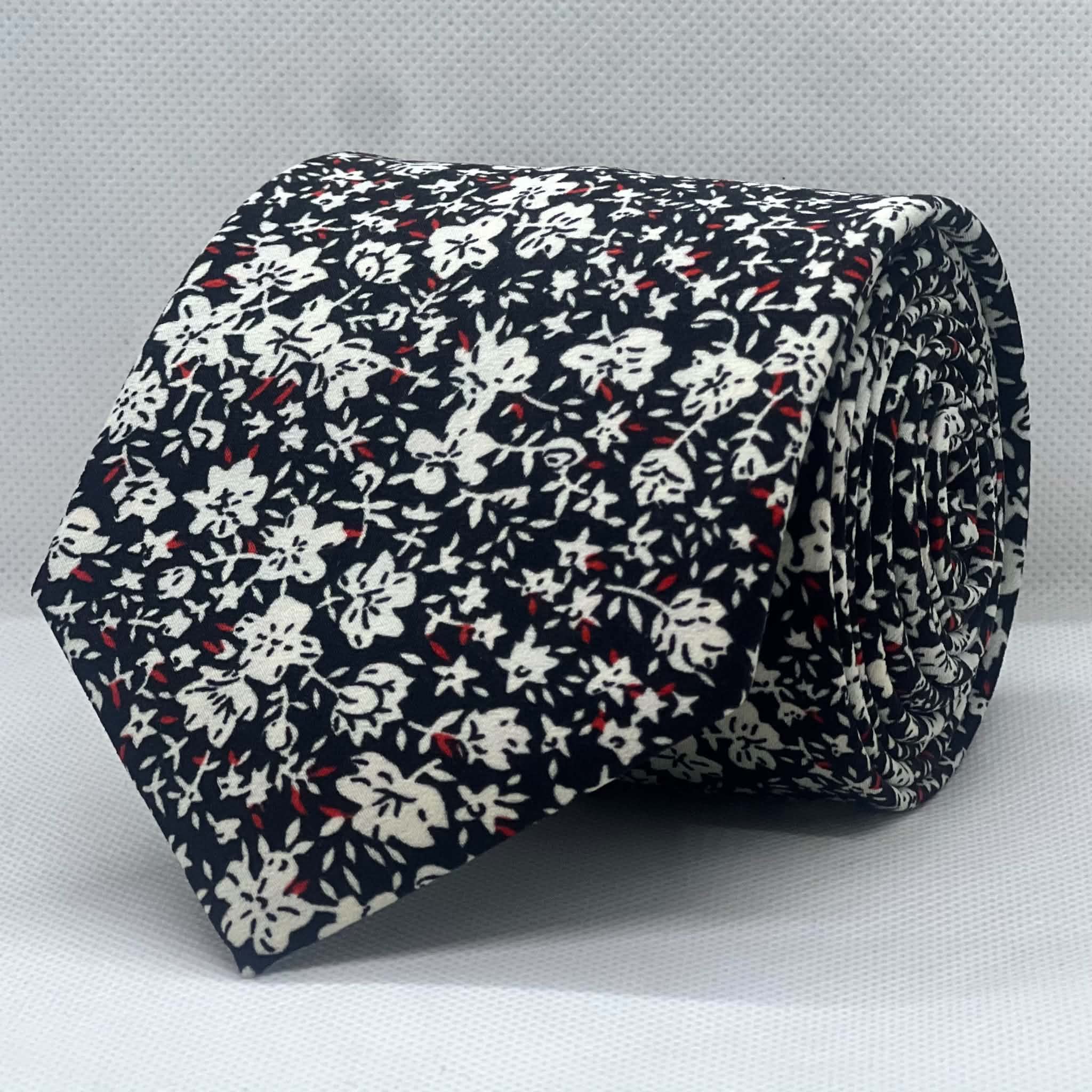 Navy Blue Floral Print Silk Tie