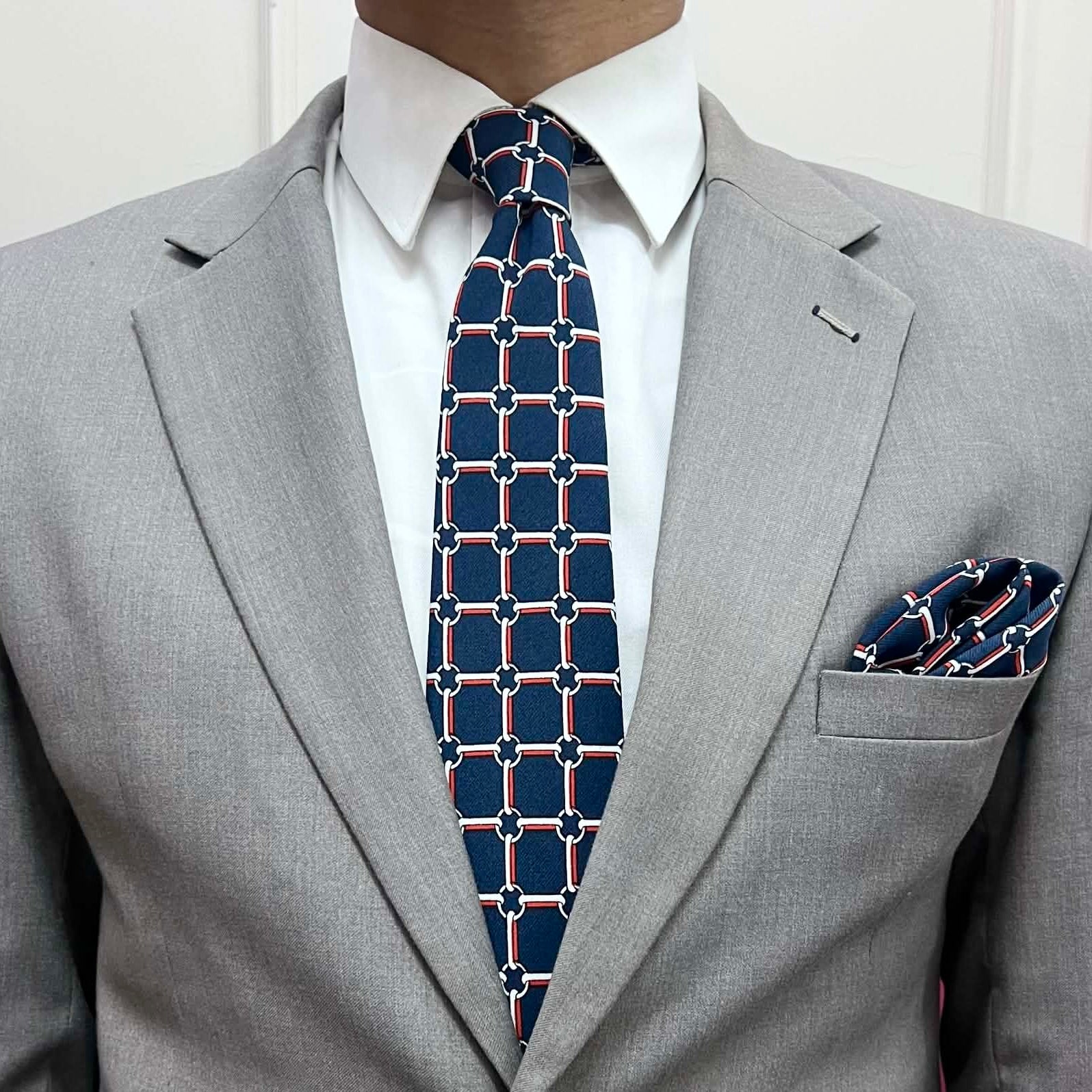 Regal Navy Lattice Grid Tie and Pocket Square Set