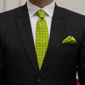 Lime Green with Small Leaves Motif Tie with Pocket Square Set