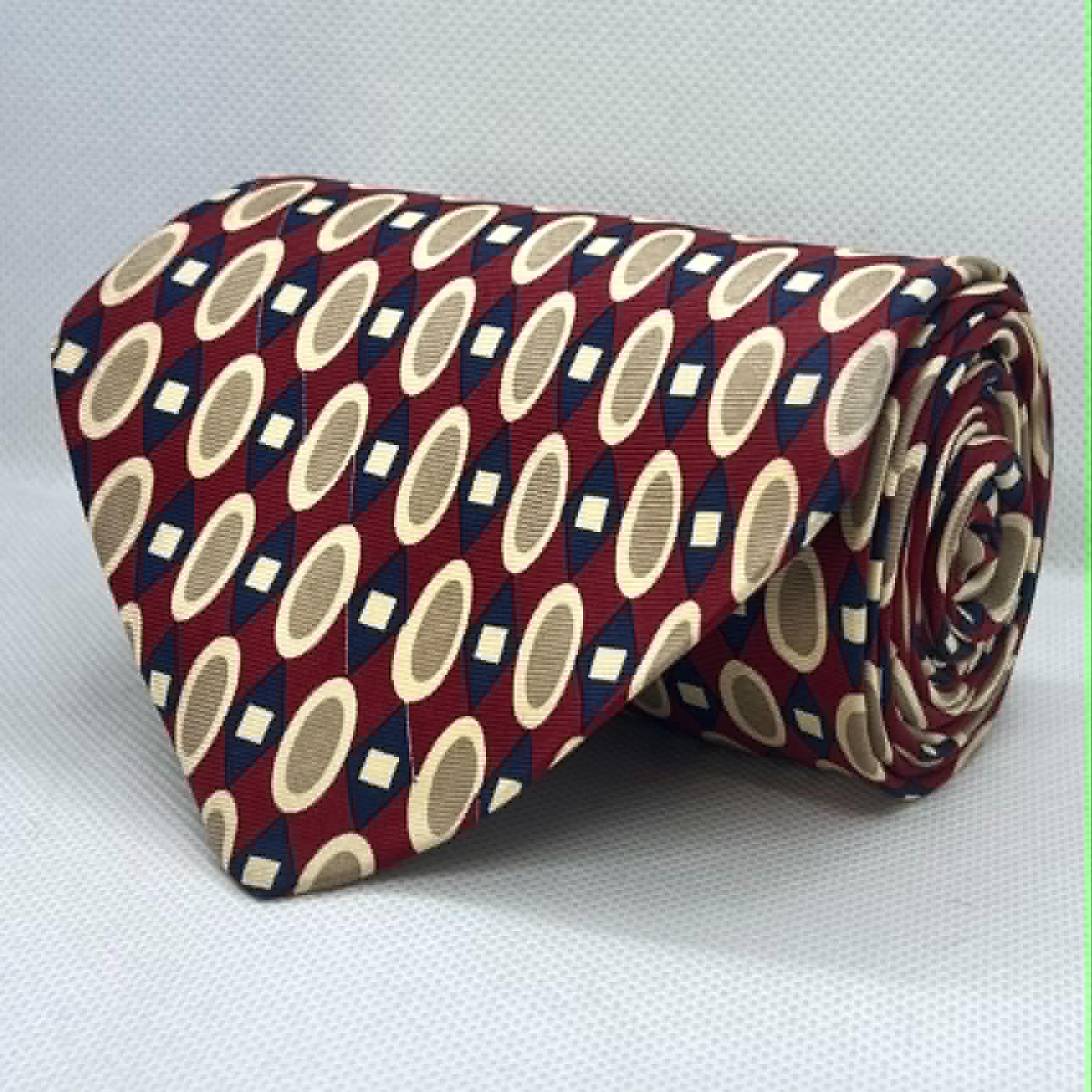 Burgundy Ivory Geo Pattern Silk Broad Tie