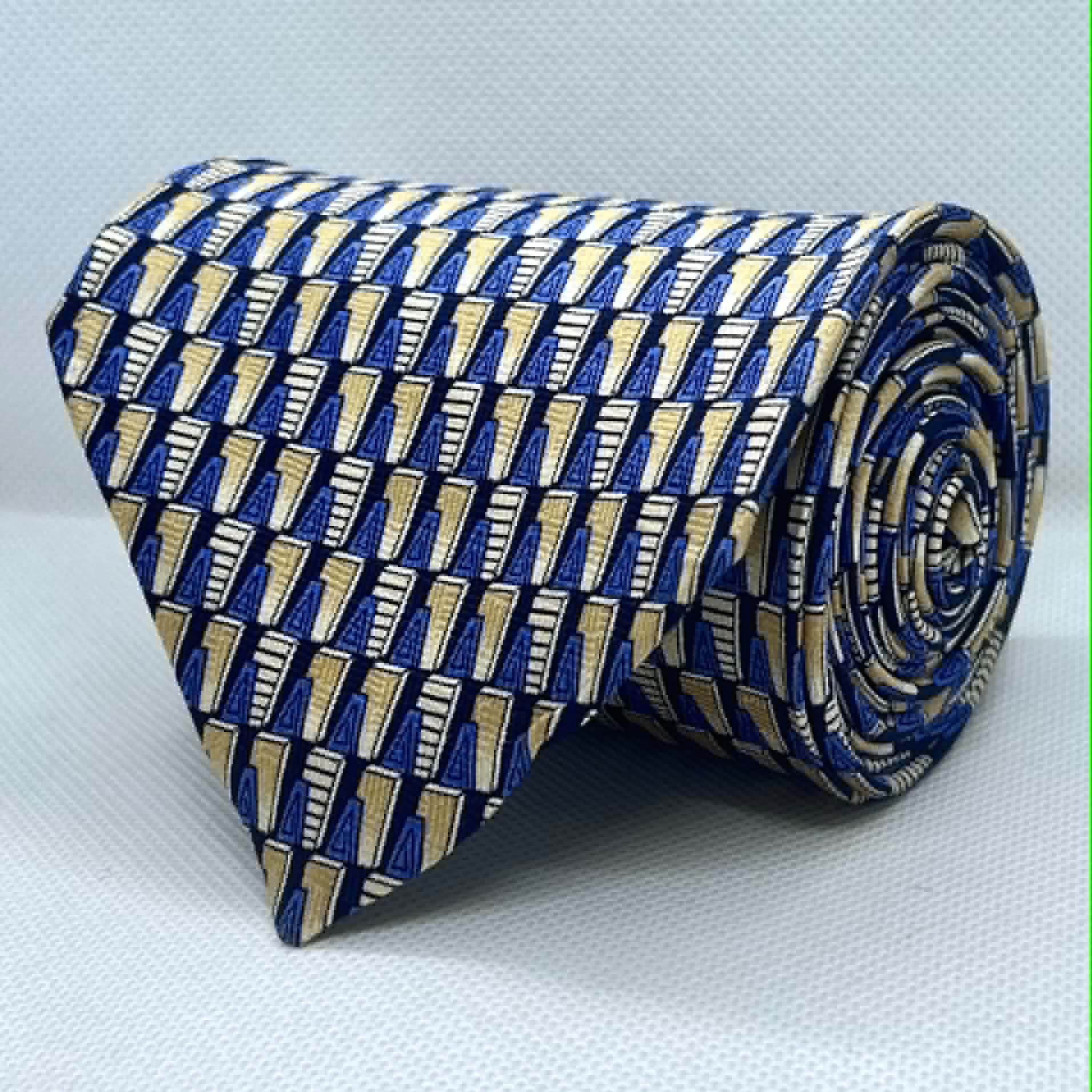 Blue Gold Contemporary Pattern Silk Broad Tie