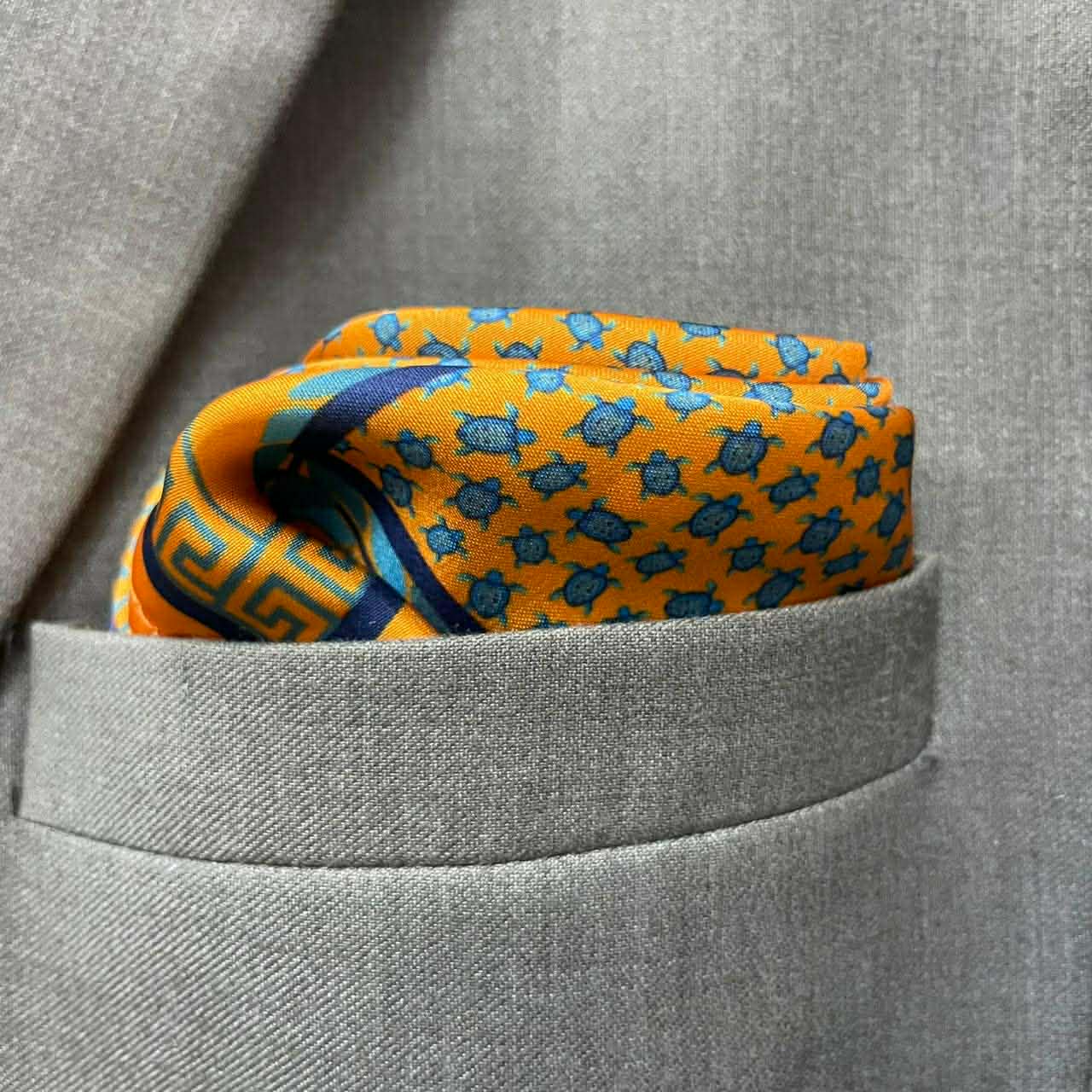 14 by 14 inches Orange “Blue Turtle Motif” Pocket Square