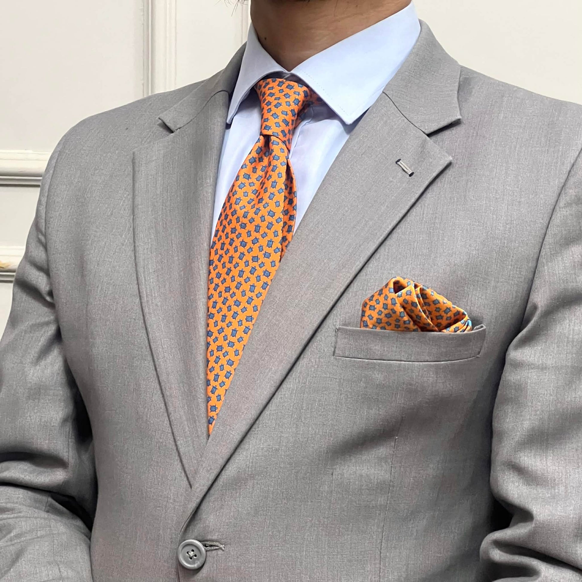 Amber Orange & Navy Micro Motif Tie with Pocket Square Set