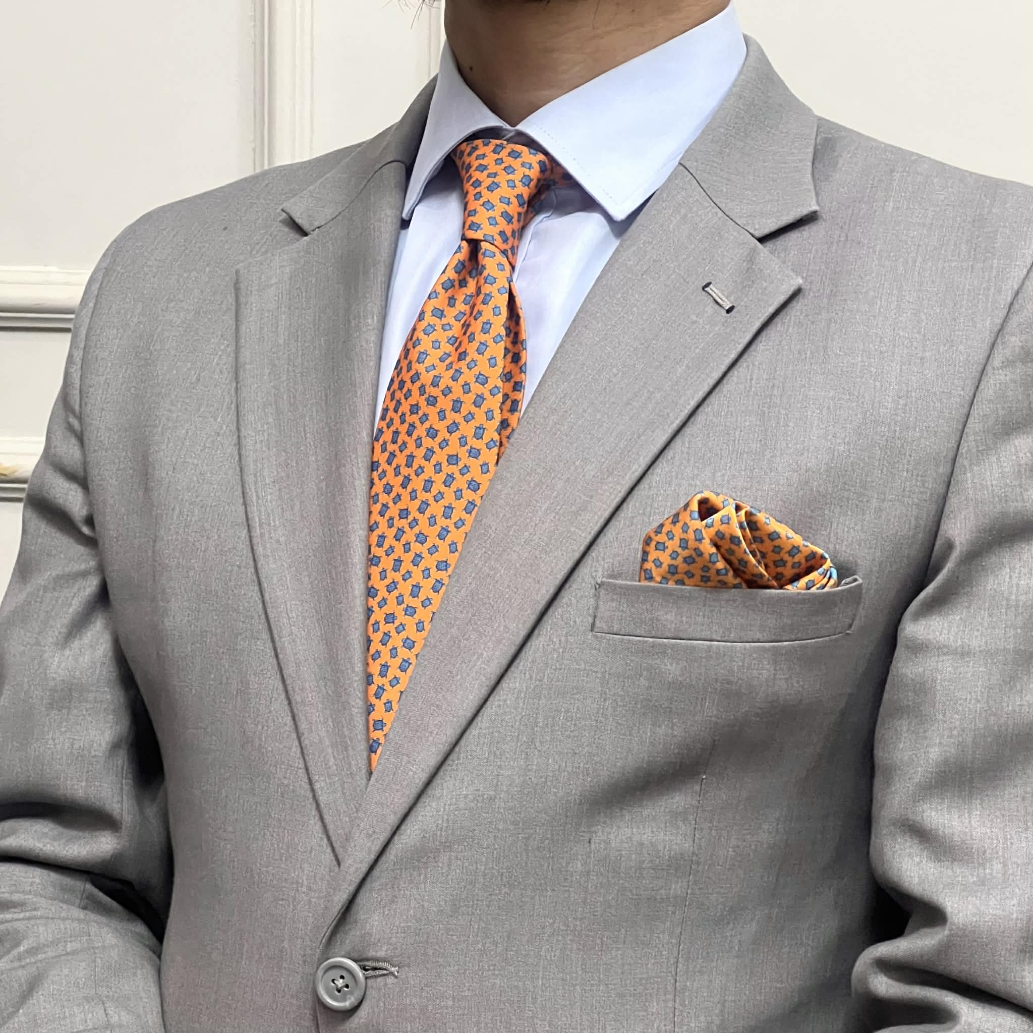 Amber Orange & Navy Micro Motif Tie with Pocket Square Set