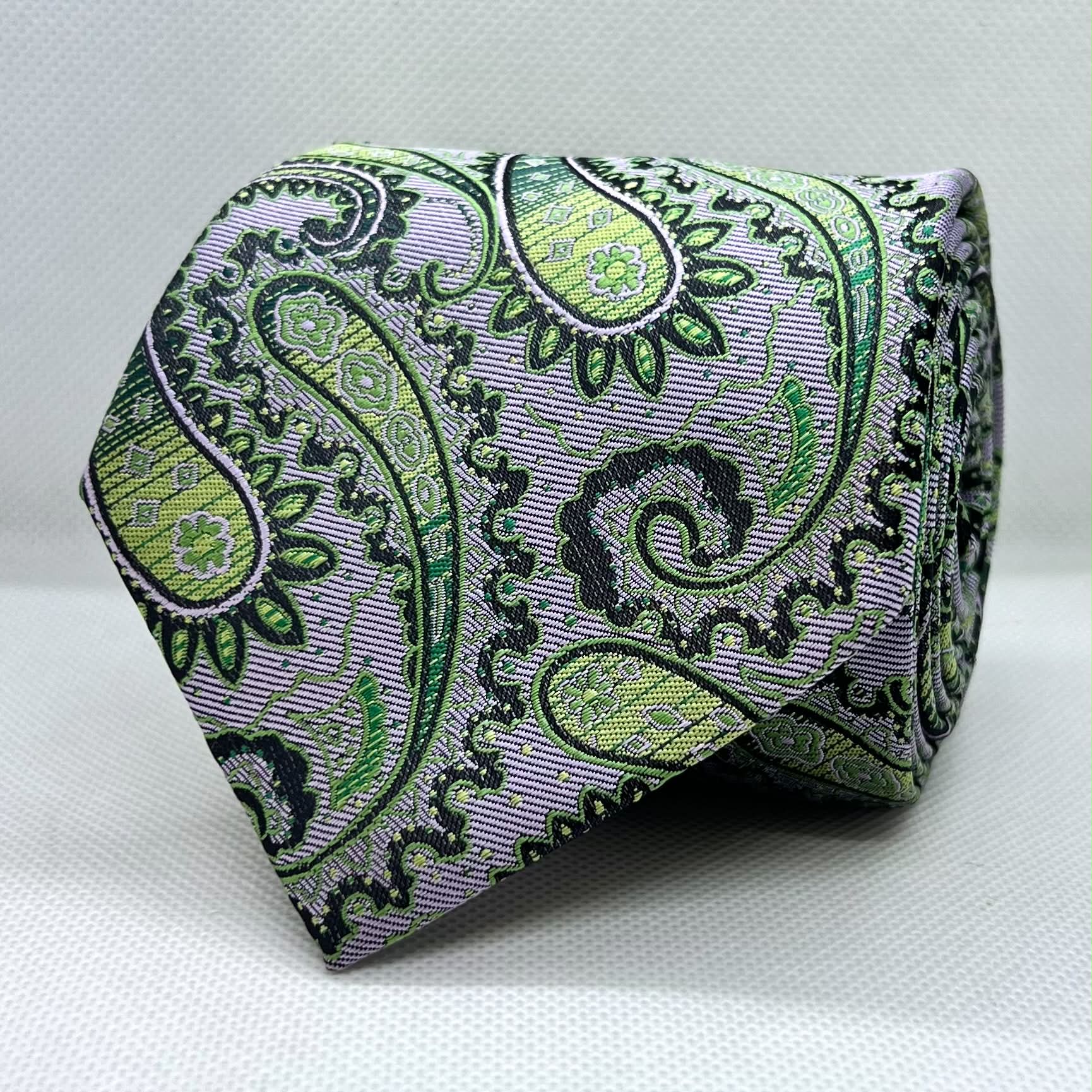 Grey Base Green Paisley Polyester Broad Tie