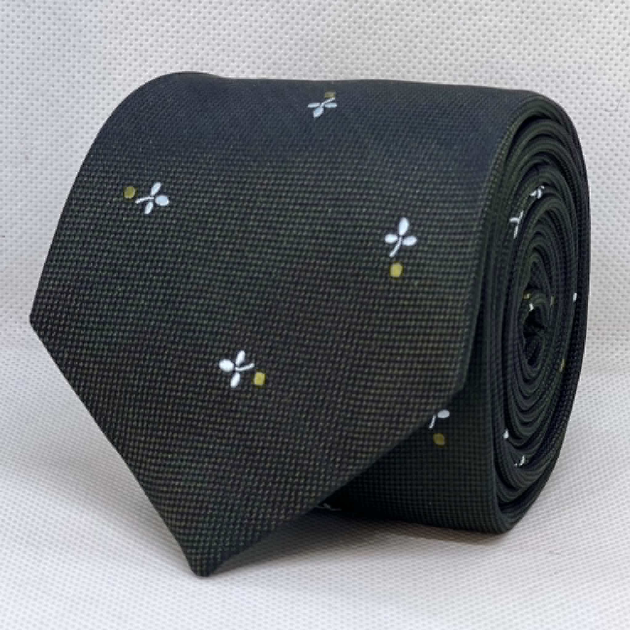 Charcoal Black Silver Blossom Microprint Polyster Tie