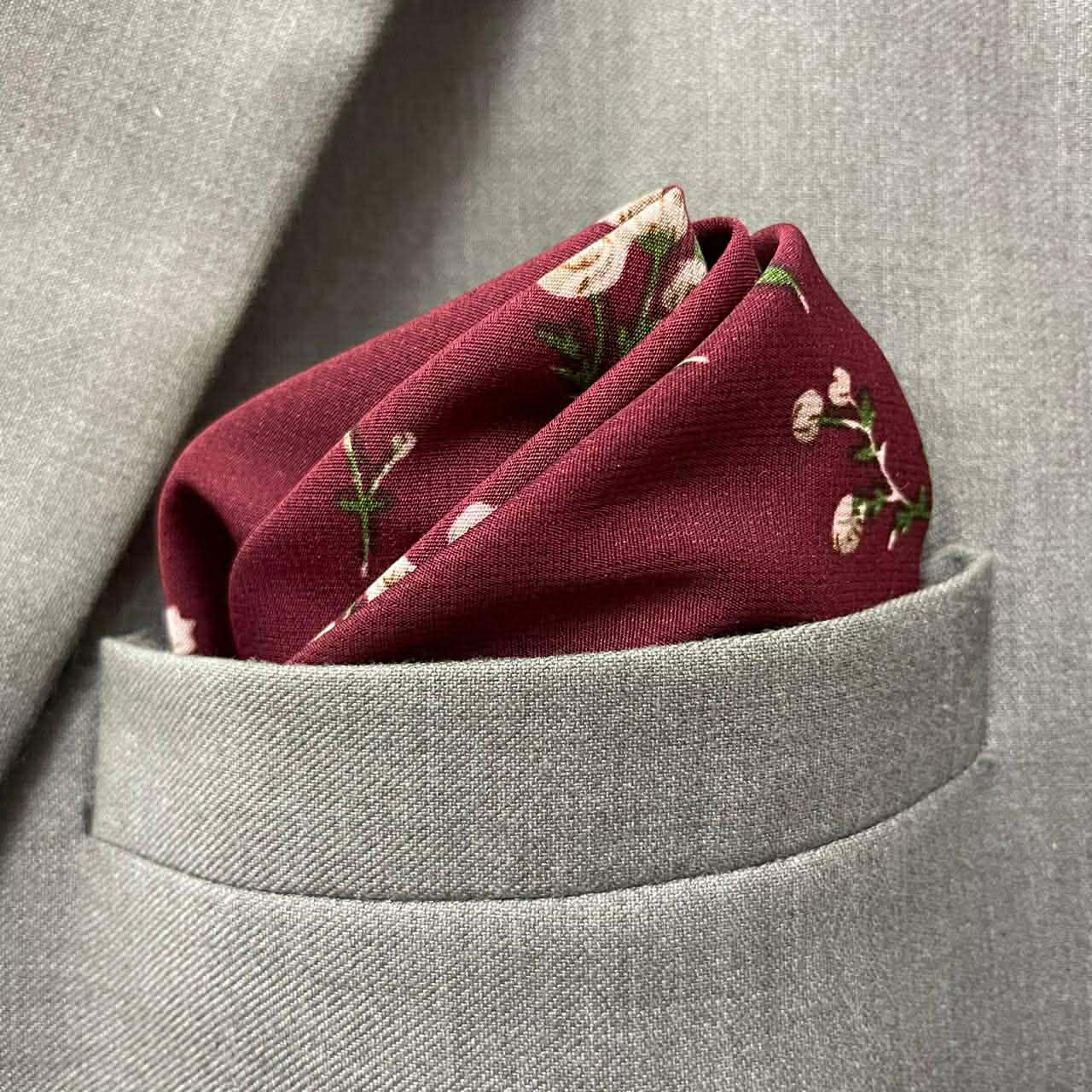 13 by 13 inches Burgundy Blossom Pocket Square