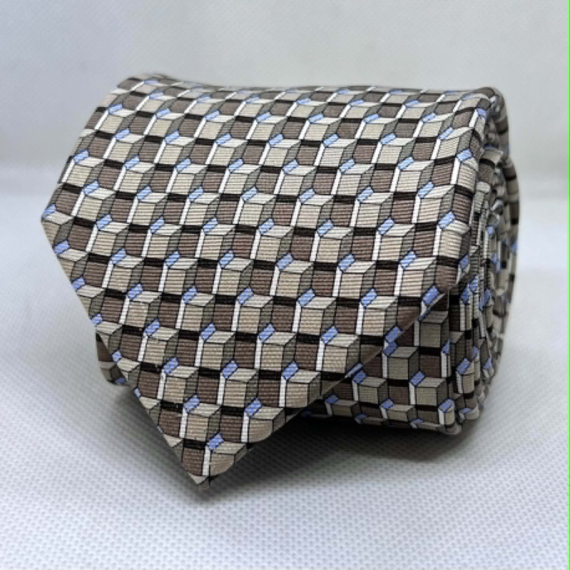 Taupe Blue Cube Pattern Silk Tie