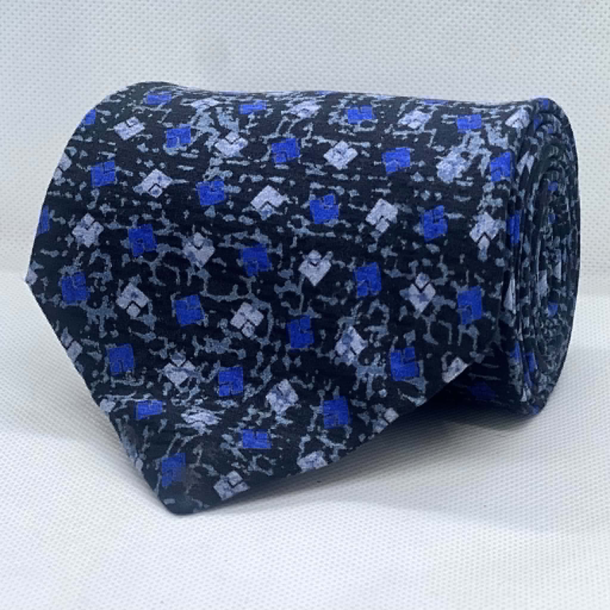 Midnight Blue & Silver Geometric Silk Broad Tie