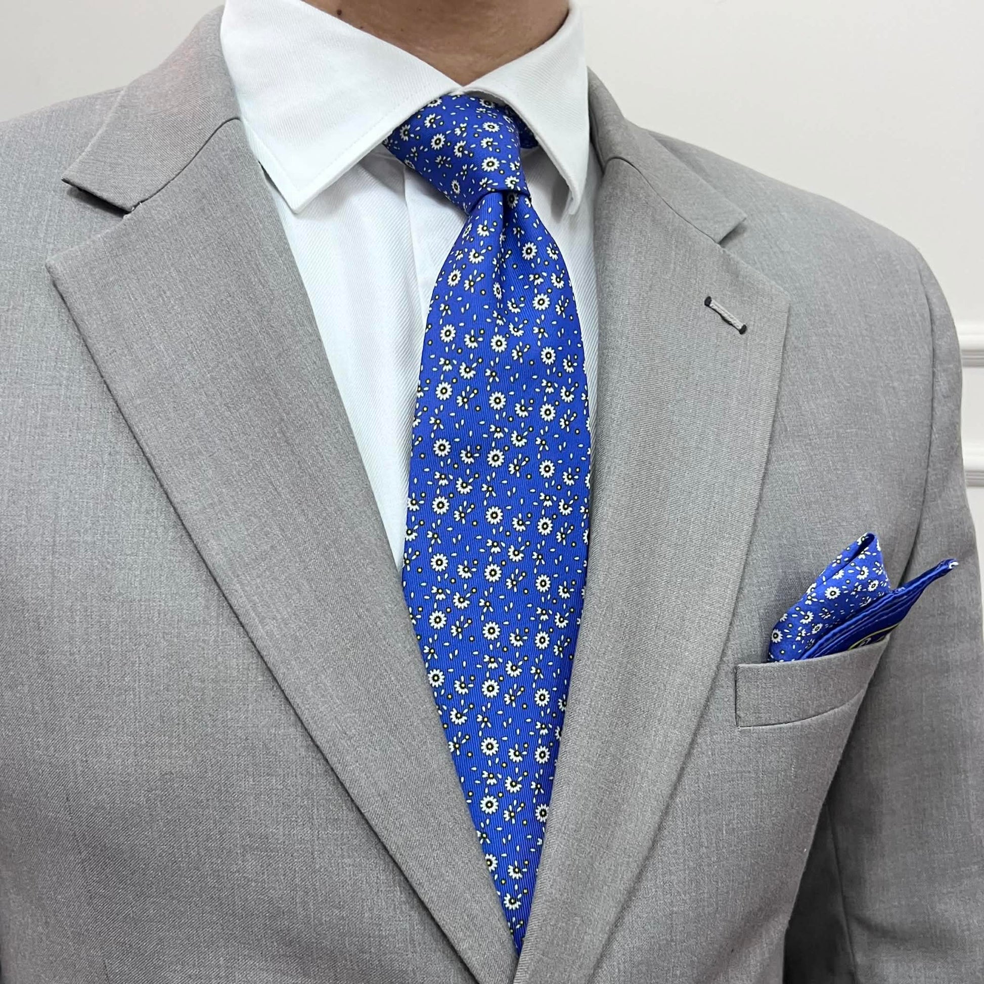 Royal Blue Floral Tie Set with Pocket Square