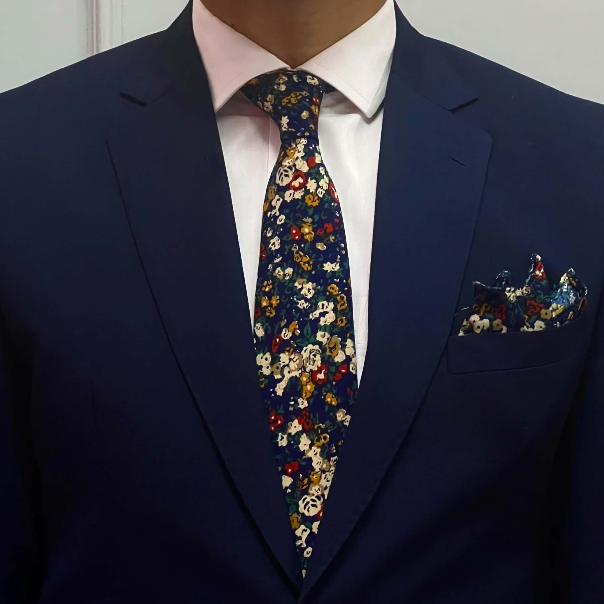 Navy Autumn Bloom Floral Broad Silk Tie and Pocket Square Set
