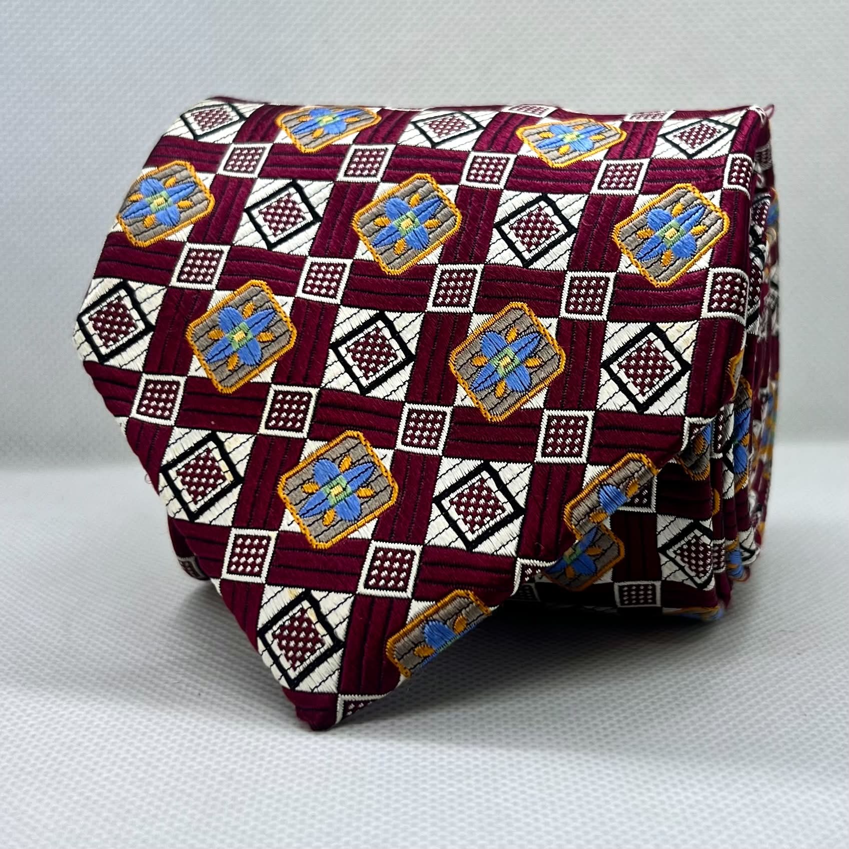 Burgundy Base Blue Floral Broad Silk Tie