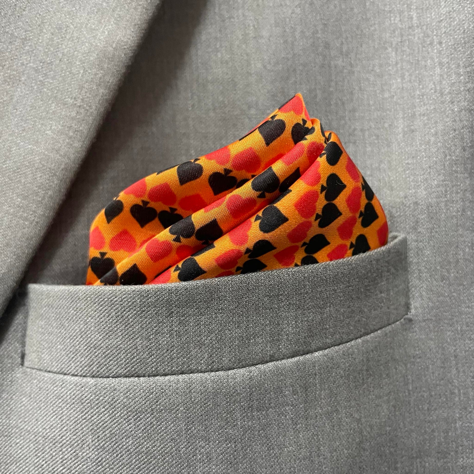 14 by 14 inches Amber Orange Spade Print Border Pocket Square
