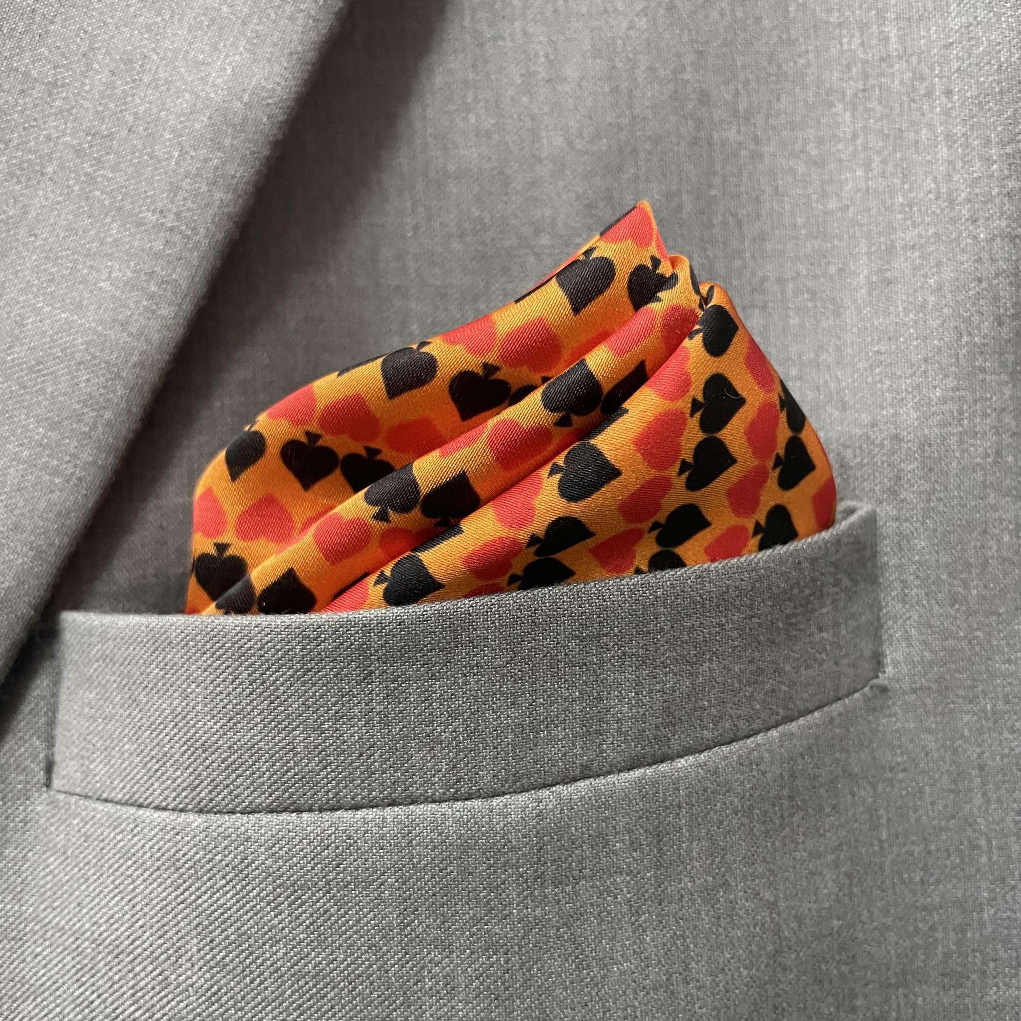 14 by 14 inches Amber Orange Spade Print Border Pocket Square
