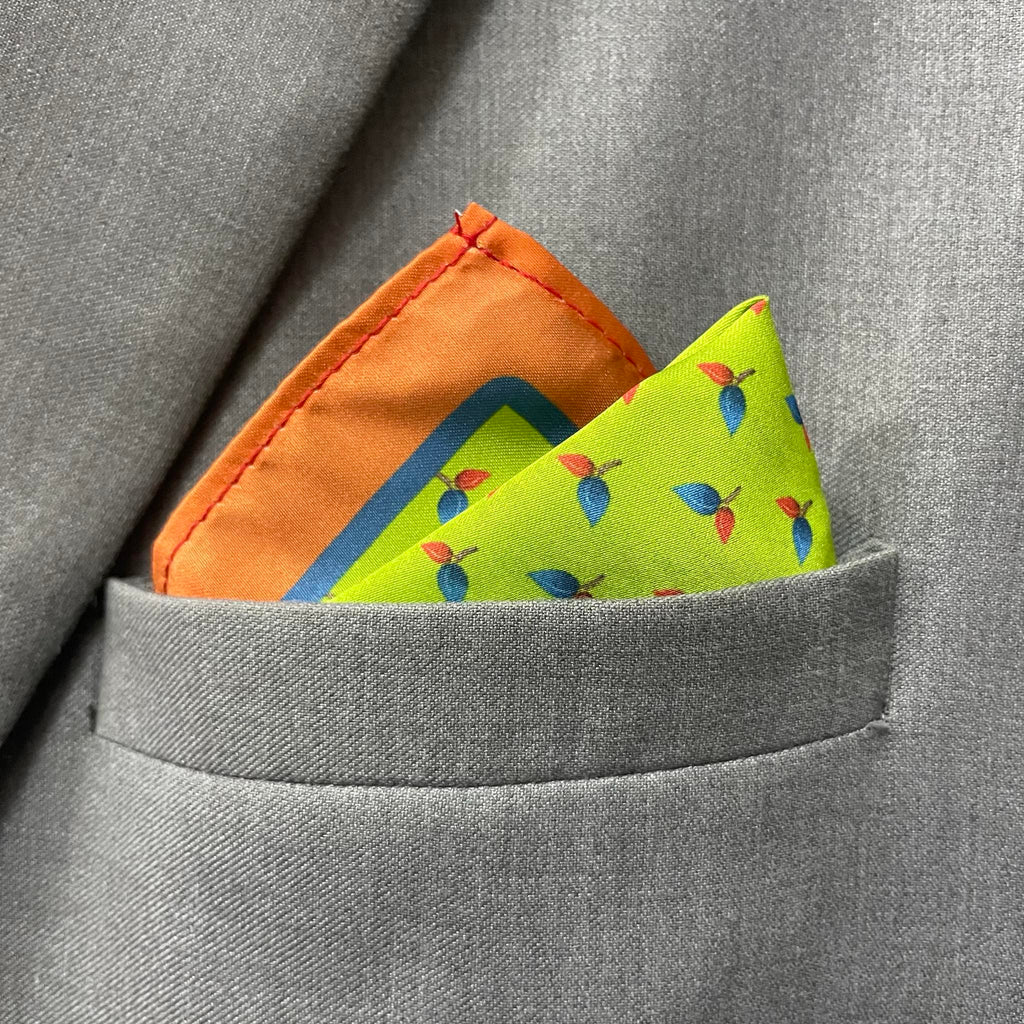 14 by 14 inches Lime Green Mini Leaf Print Border Pocket Square