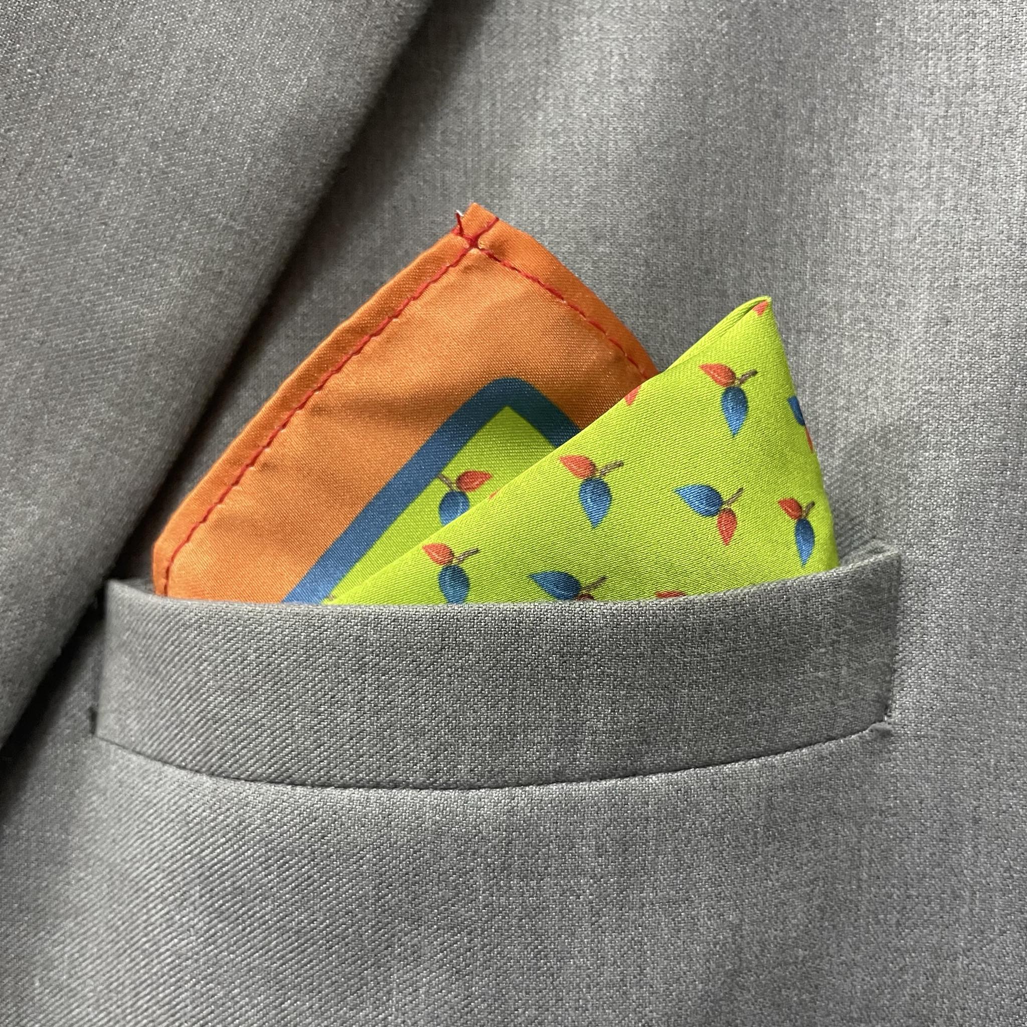 14 by 14 inches Lime Green Mini Leaf Print Border Pocket Square