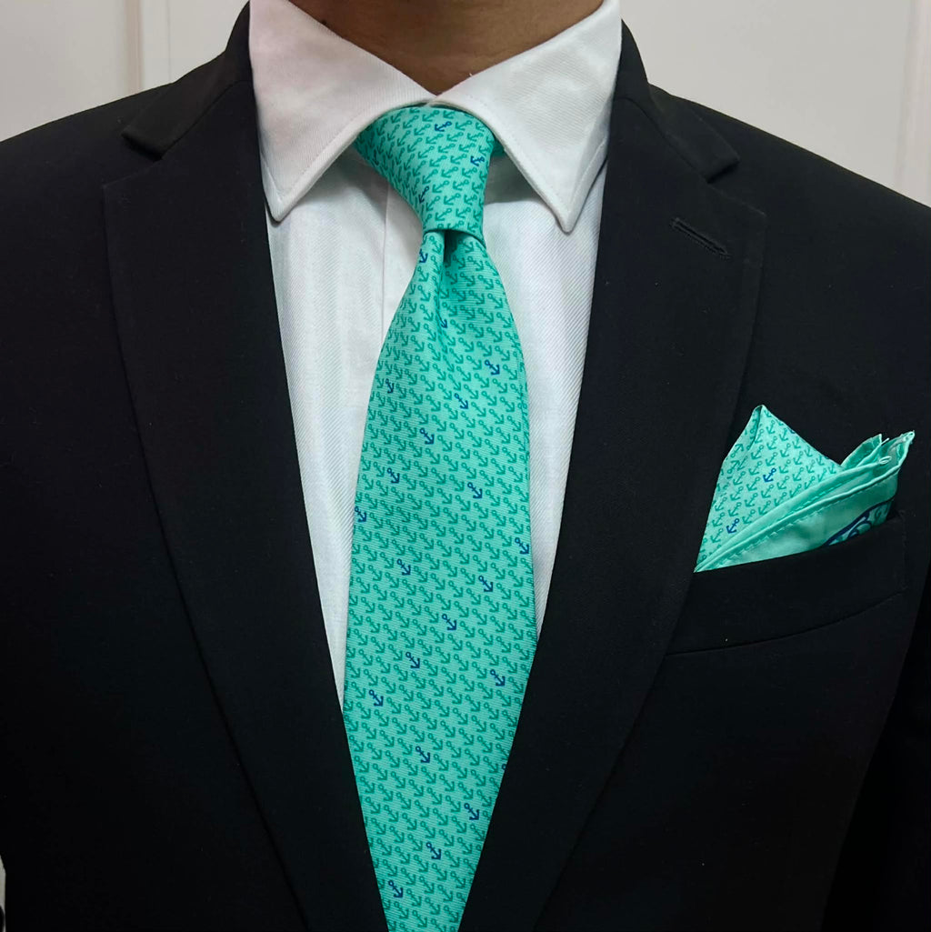 Seafoam Mint Anchor Print Tie & Pocket Square Set