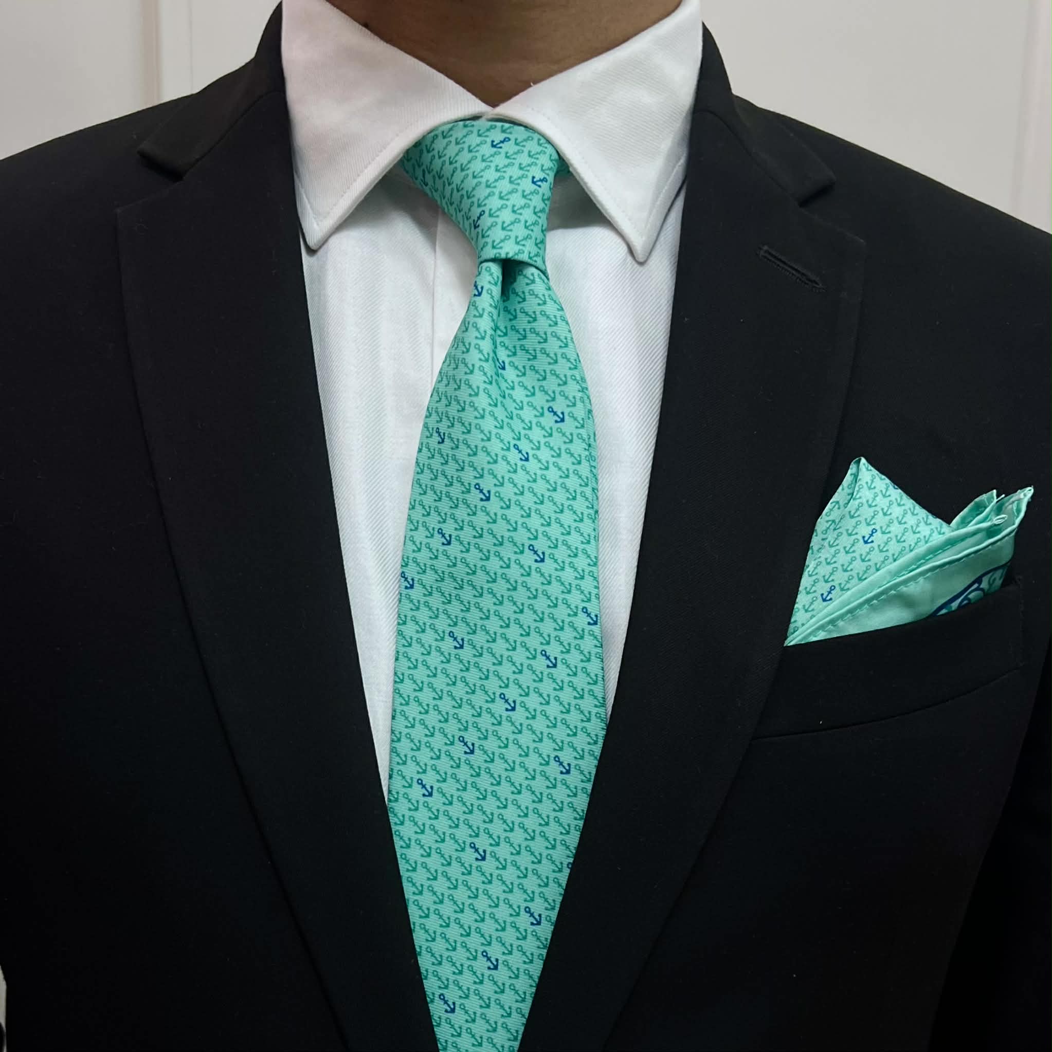 Seafoam Mint Anchor Print Tie & Pocket Square Set