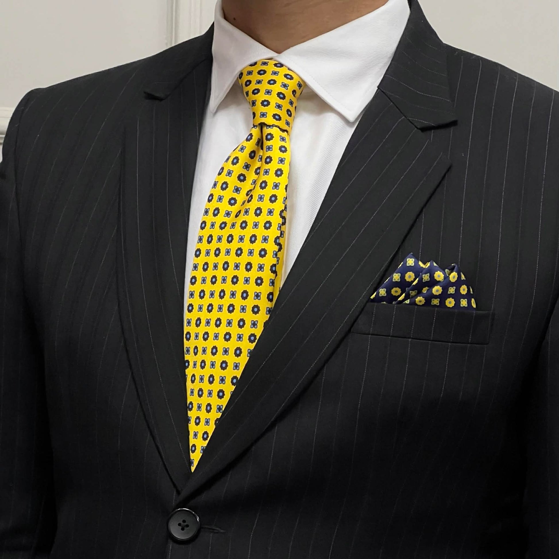 Golden Yellow with Navy Micro Tie with Pocket Square Set