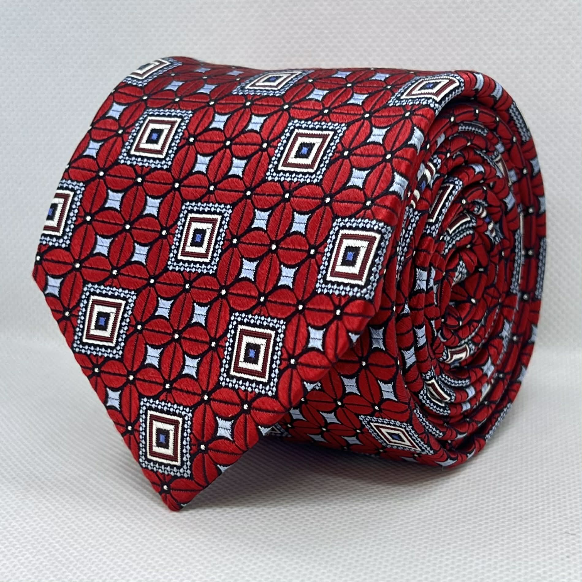 Bright Red Floral Geometric Pattern Silk Tie