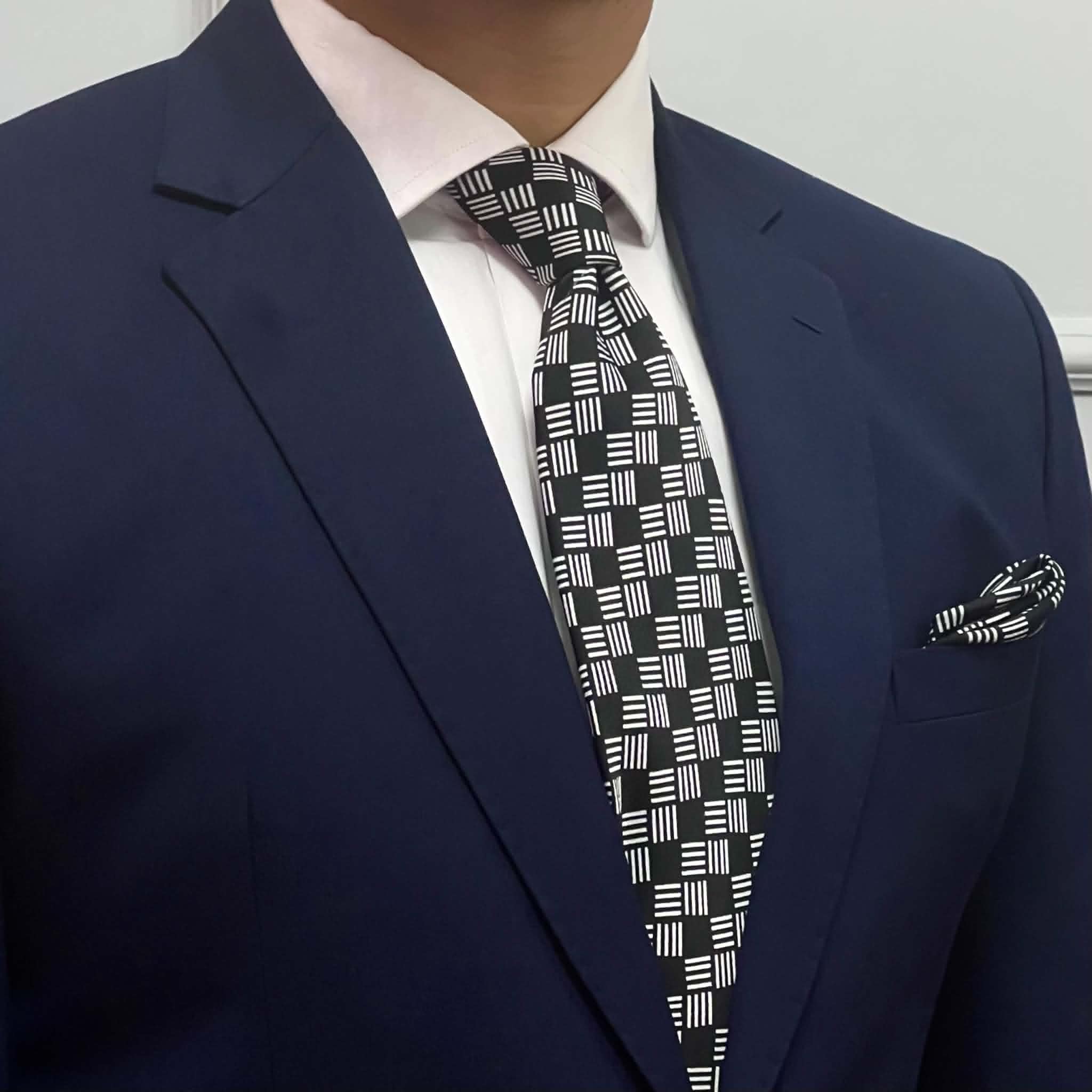 Black White Gridline Check Silk Tie and Pocket Square Set