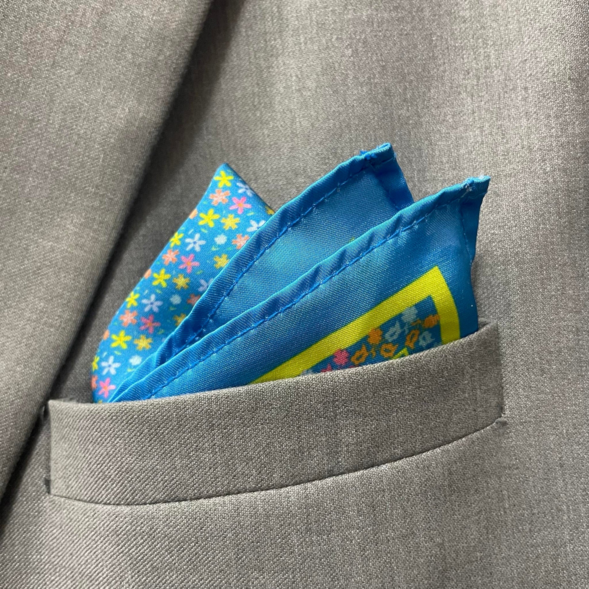 14 by 14 inches Sky Blue Confetti Floral Border Pocket Square