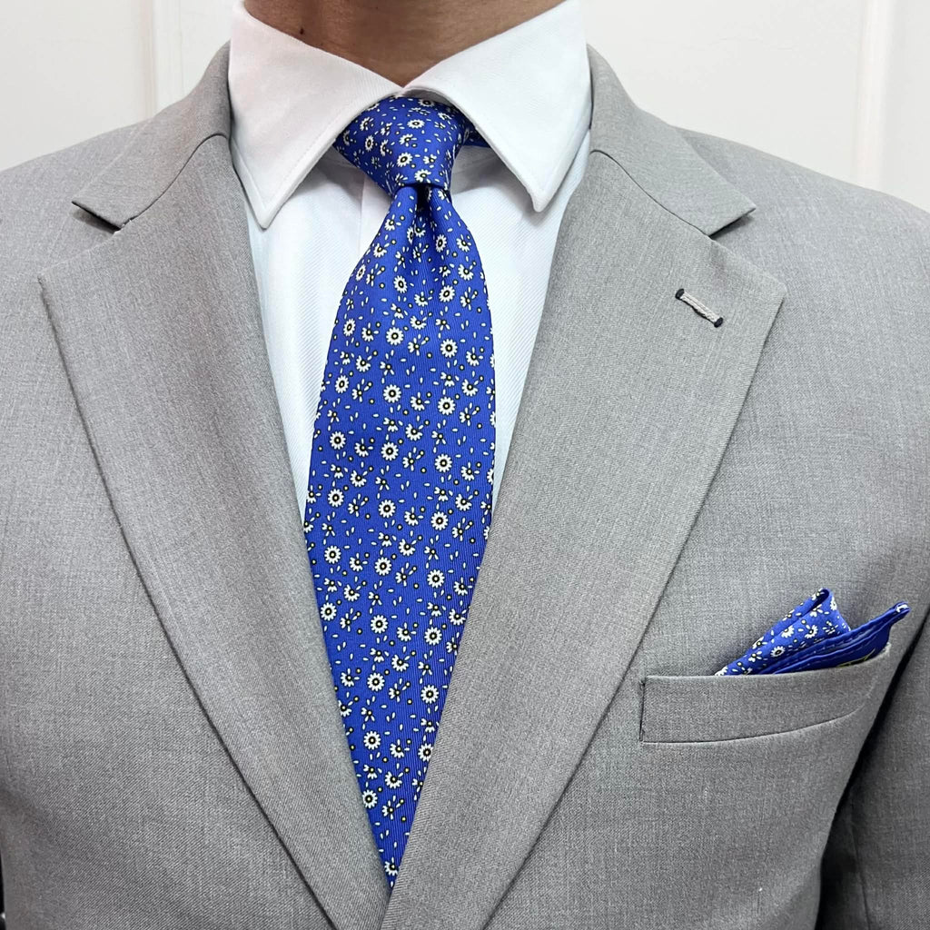 Royal Blue Floral Tie Set with Pocket Square