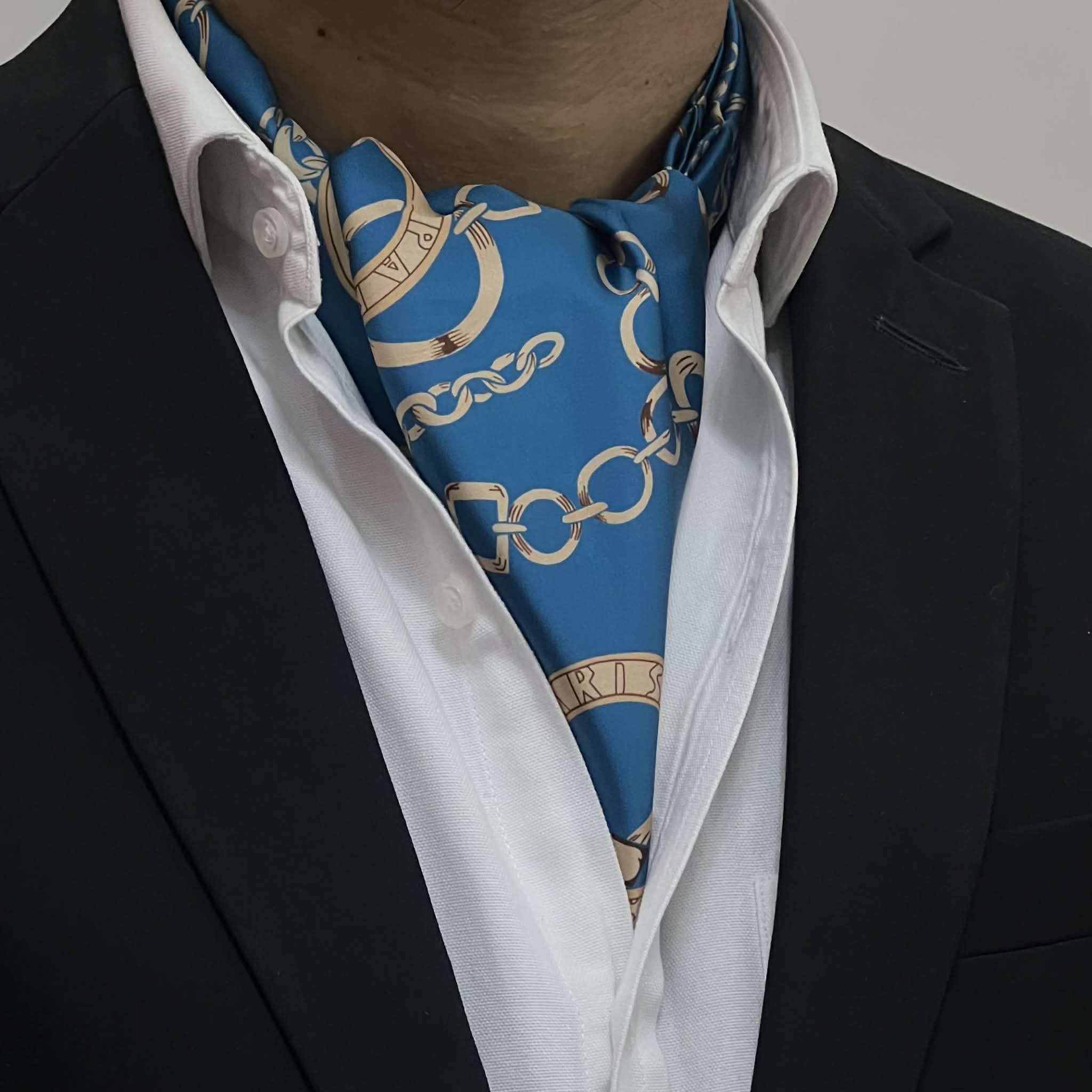 Light Blue Base width Golden Brown Chain Pattern Cravat