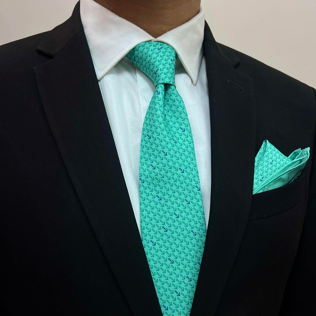 Seafoam Mint Anchor Print Tie & Pocket Square Set