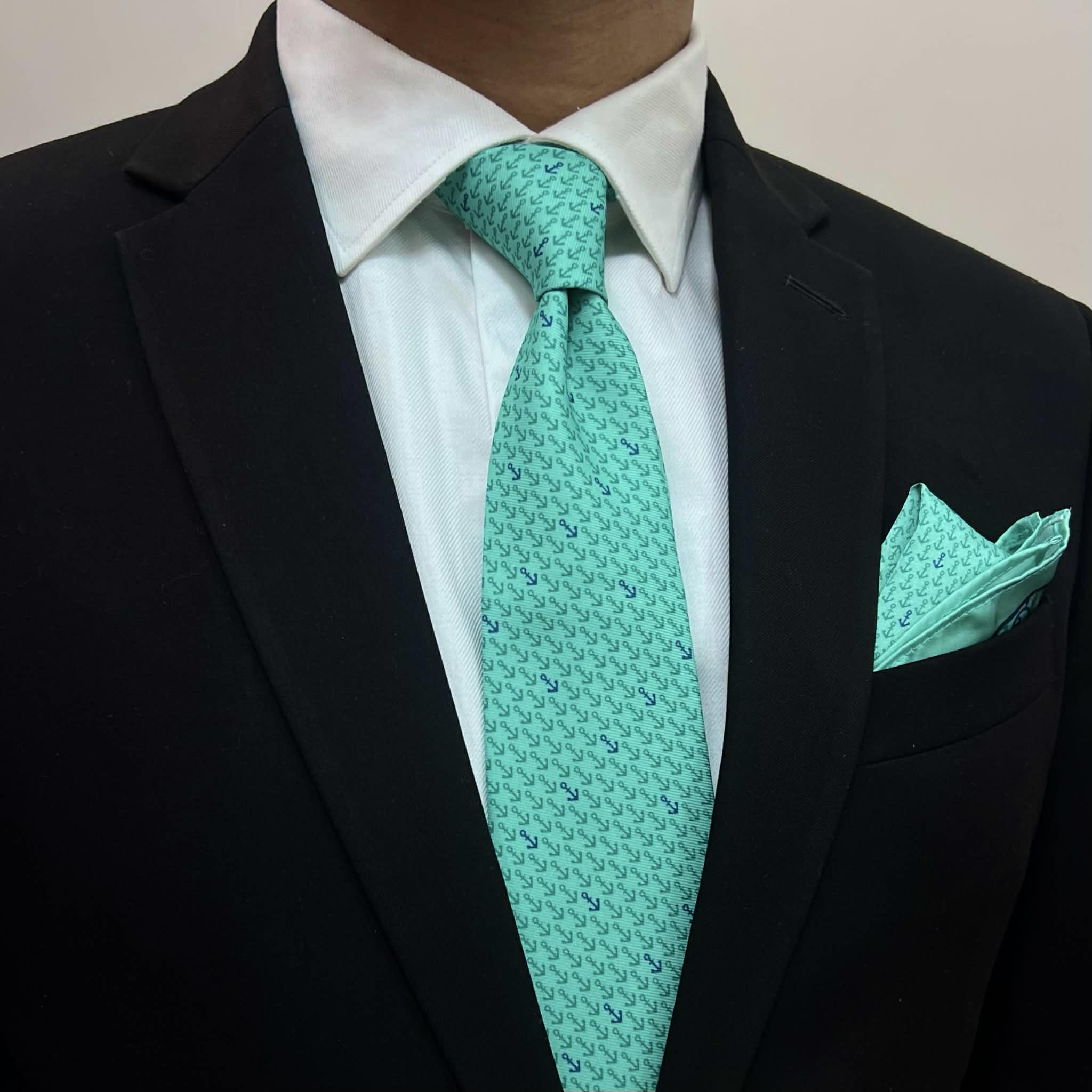 Seafoam Mint Anchor Print Tie & Pocket Square Set