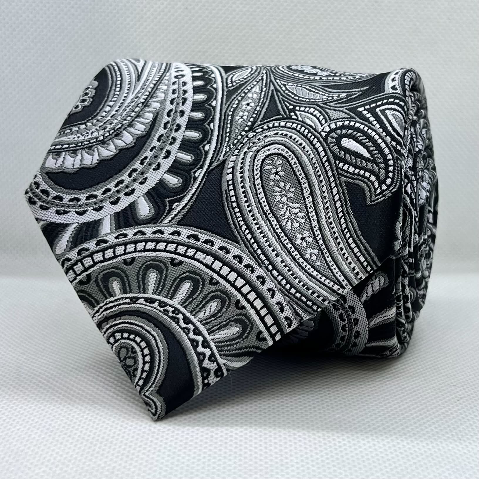 Black Base Silver Paisley Polyester Broad Tie
