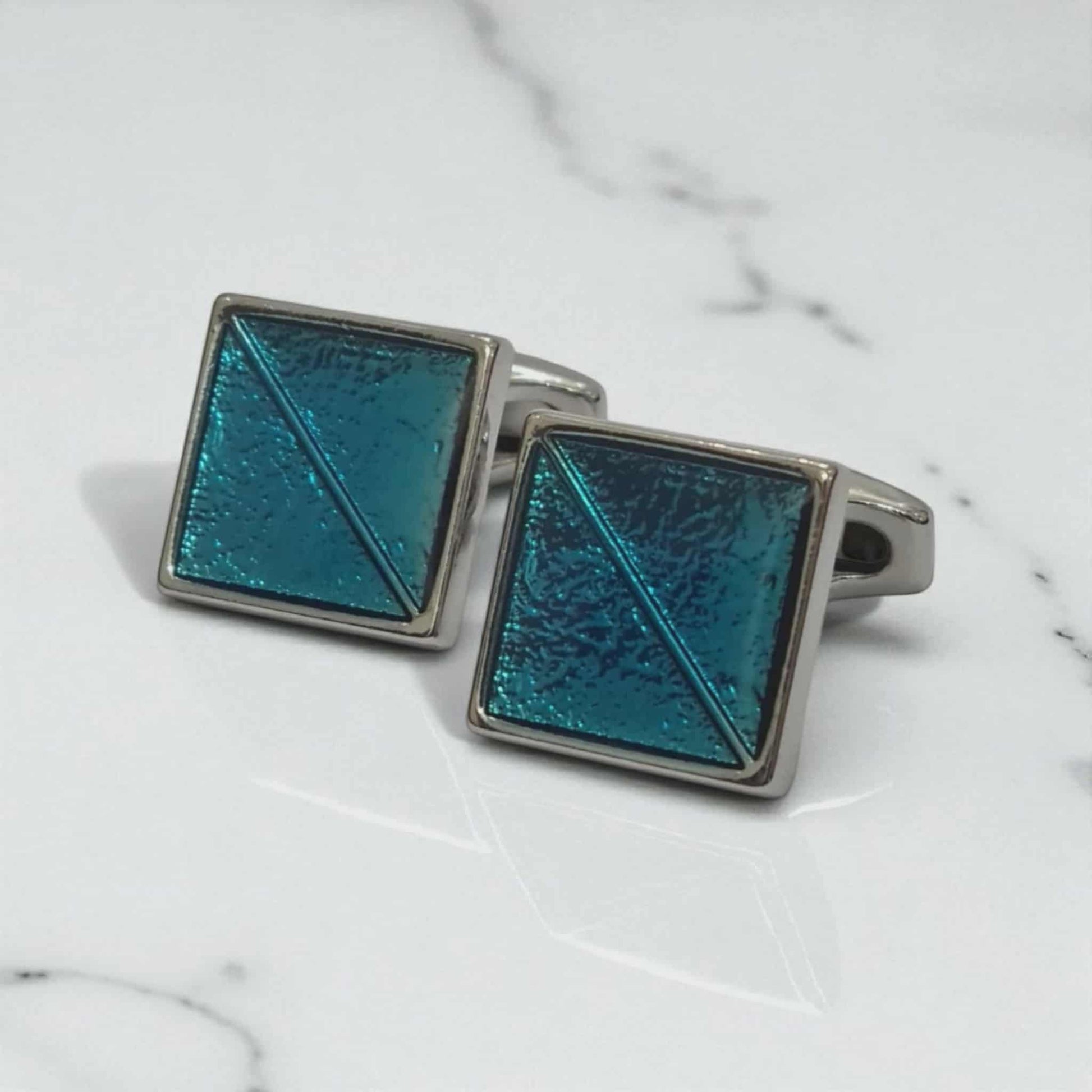 Aqua Glass Silver Edge Cufflinks