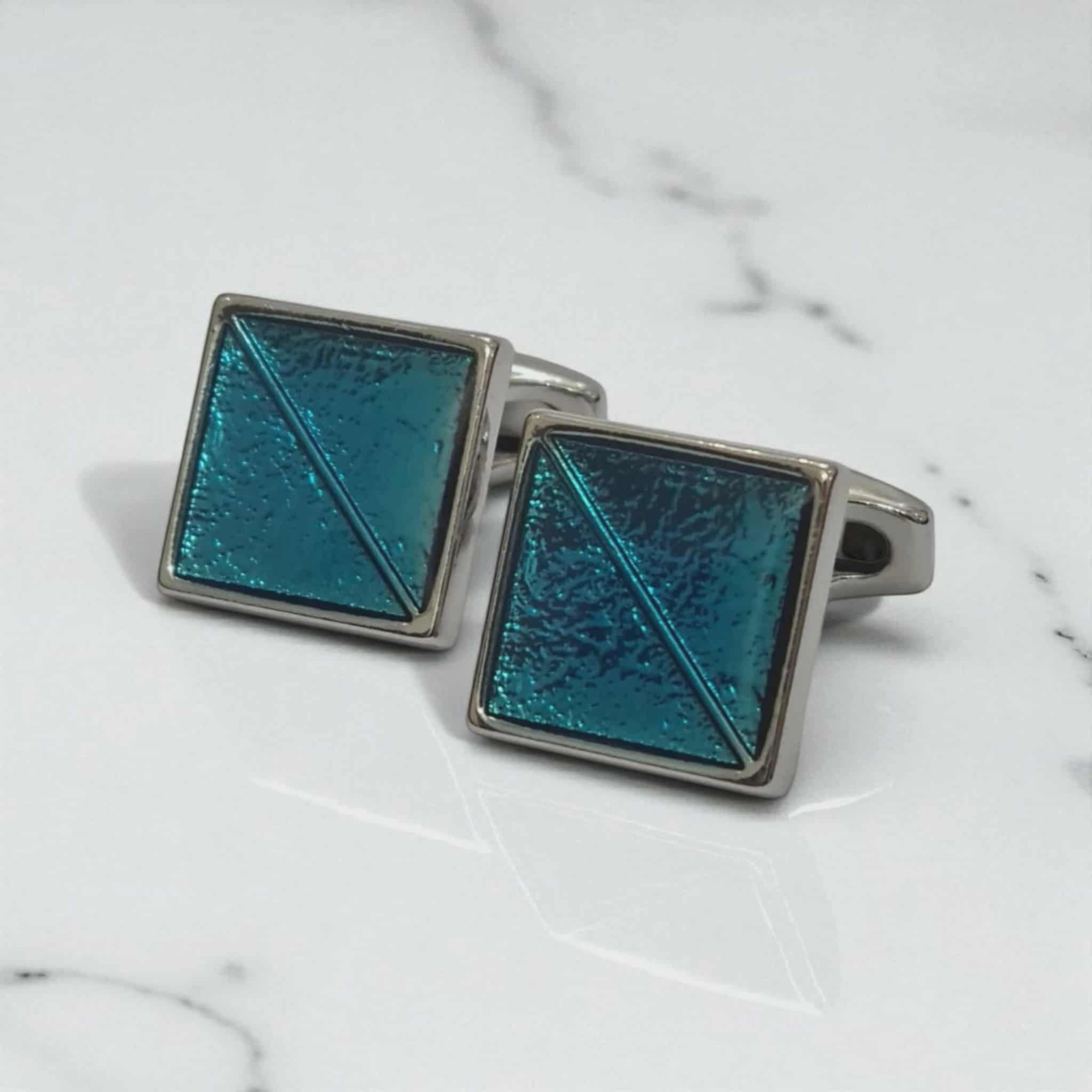 Aqua Glass Silver Edge Cufflinks