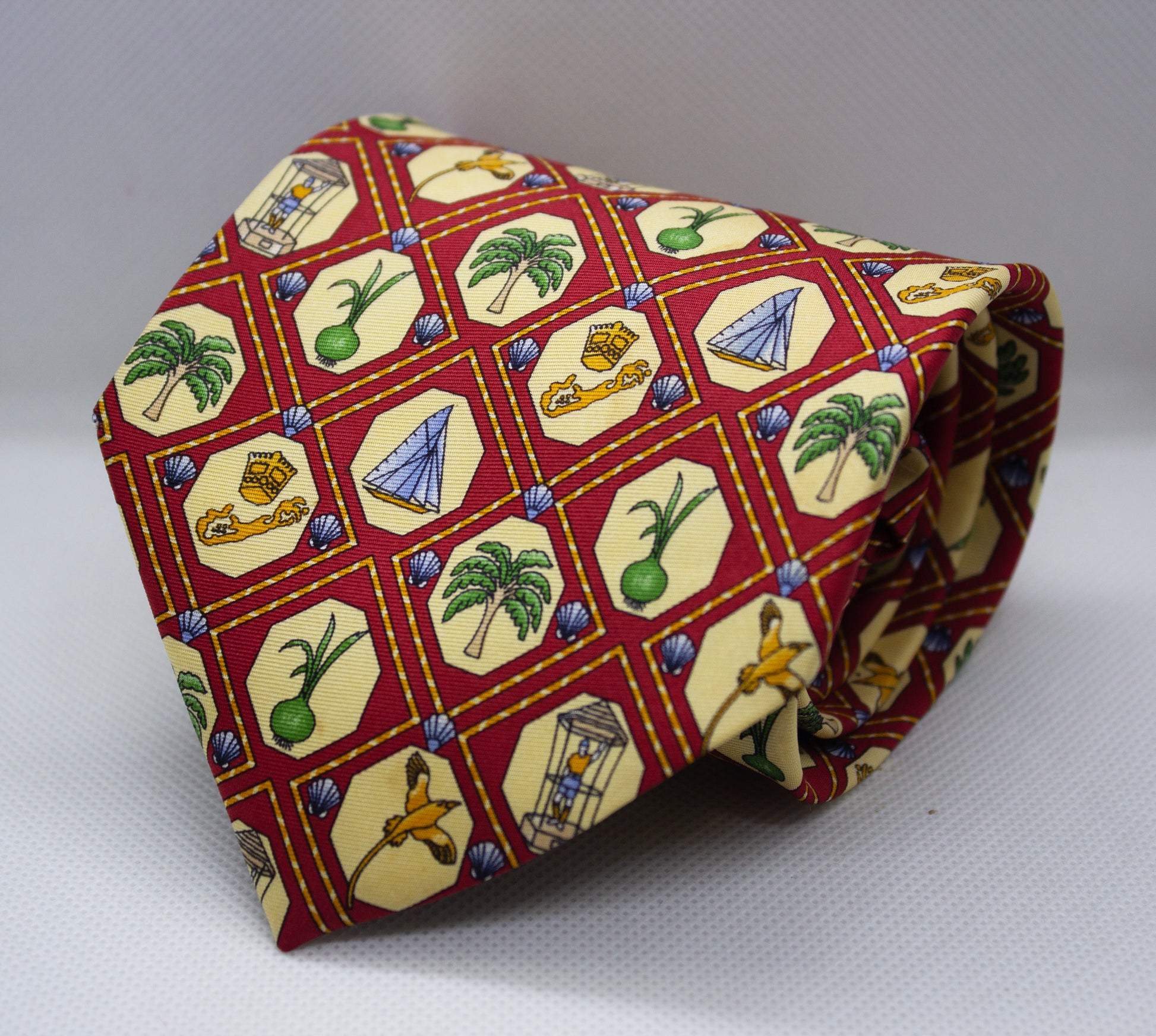 Burgundy Silk Broad Tie with Vintage Motif Design