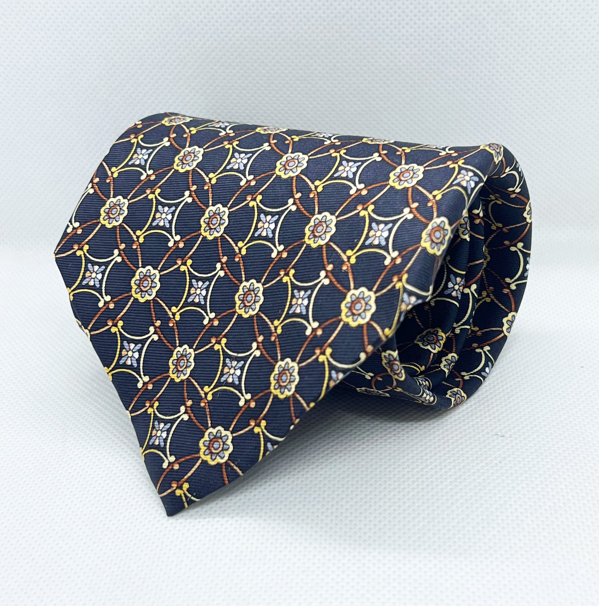 Classic Navy & Gold Floral Linked Silk Broad Necktie