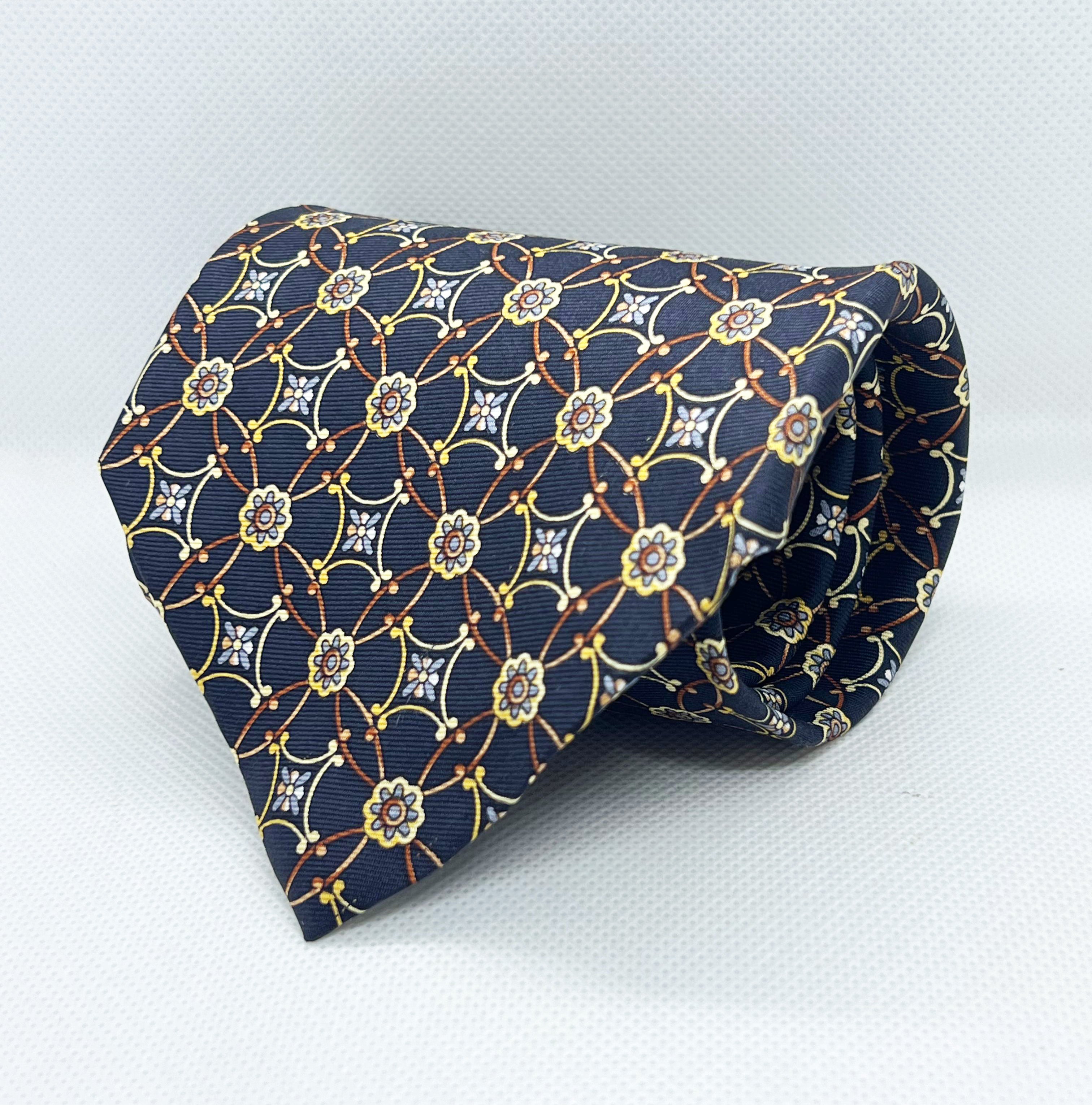 Classic Navy & Gold Floral Linked Silk Broad Necktie