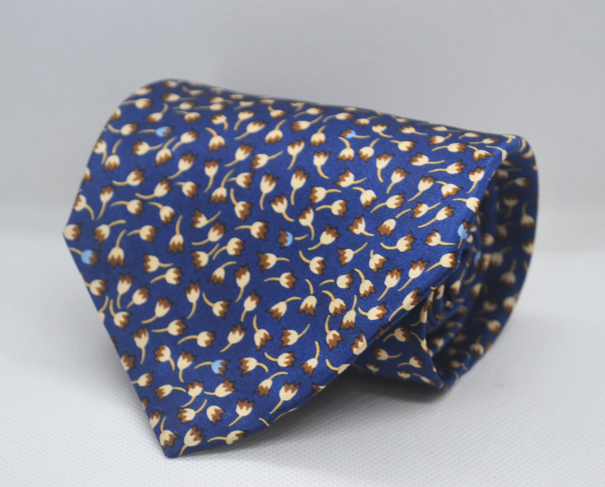 100% Silk Blue Brown Floral Broad Tie