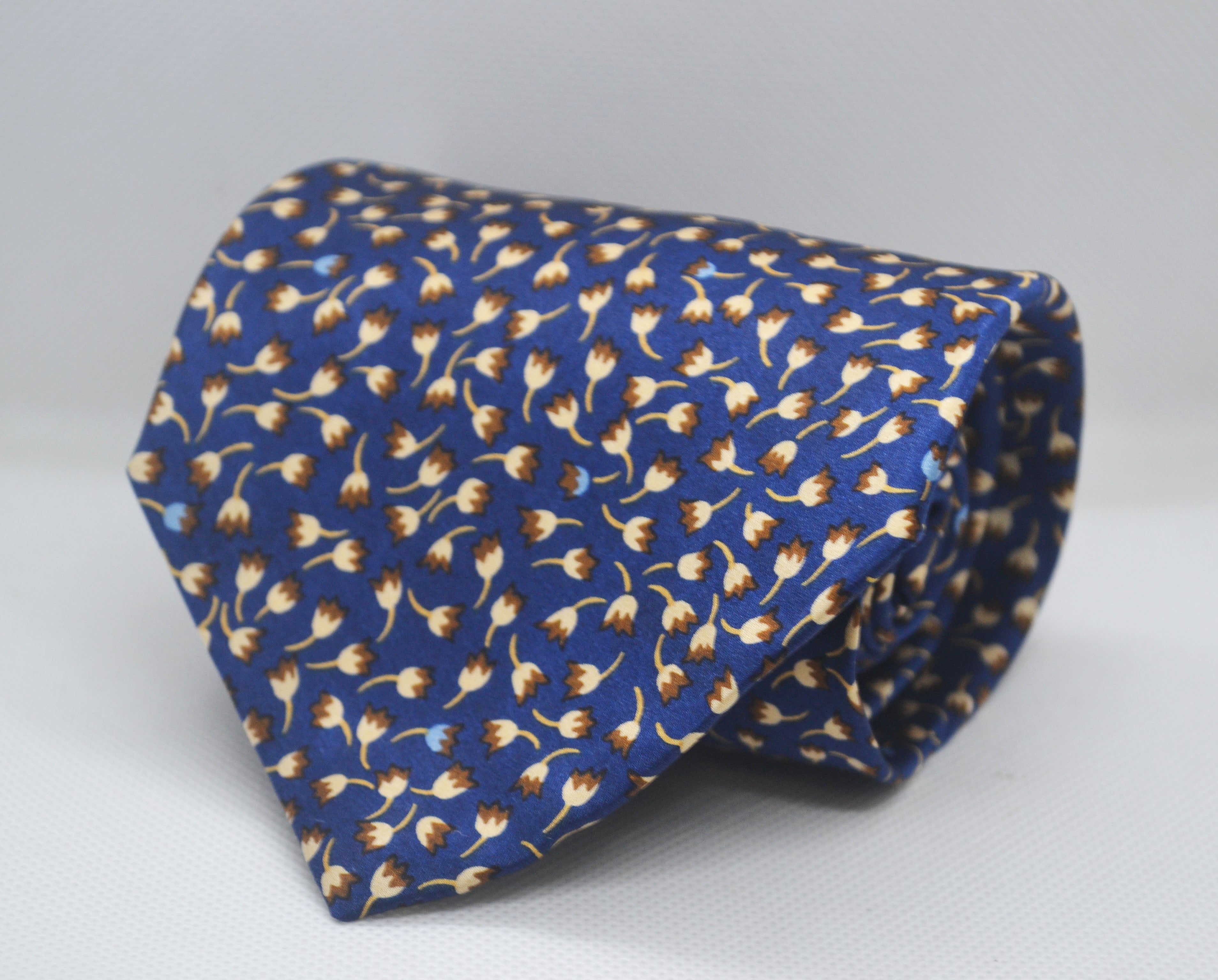 100% Silk Blue Brown Floral Broad Tie