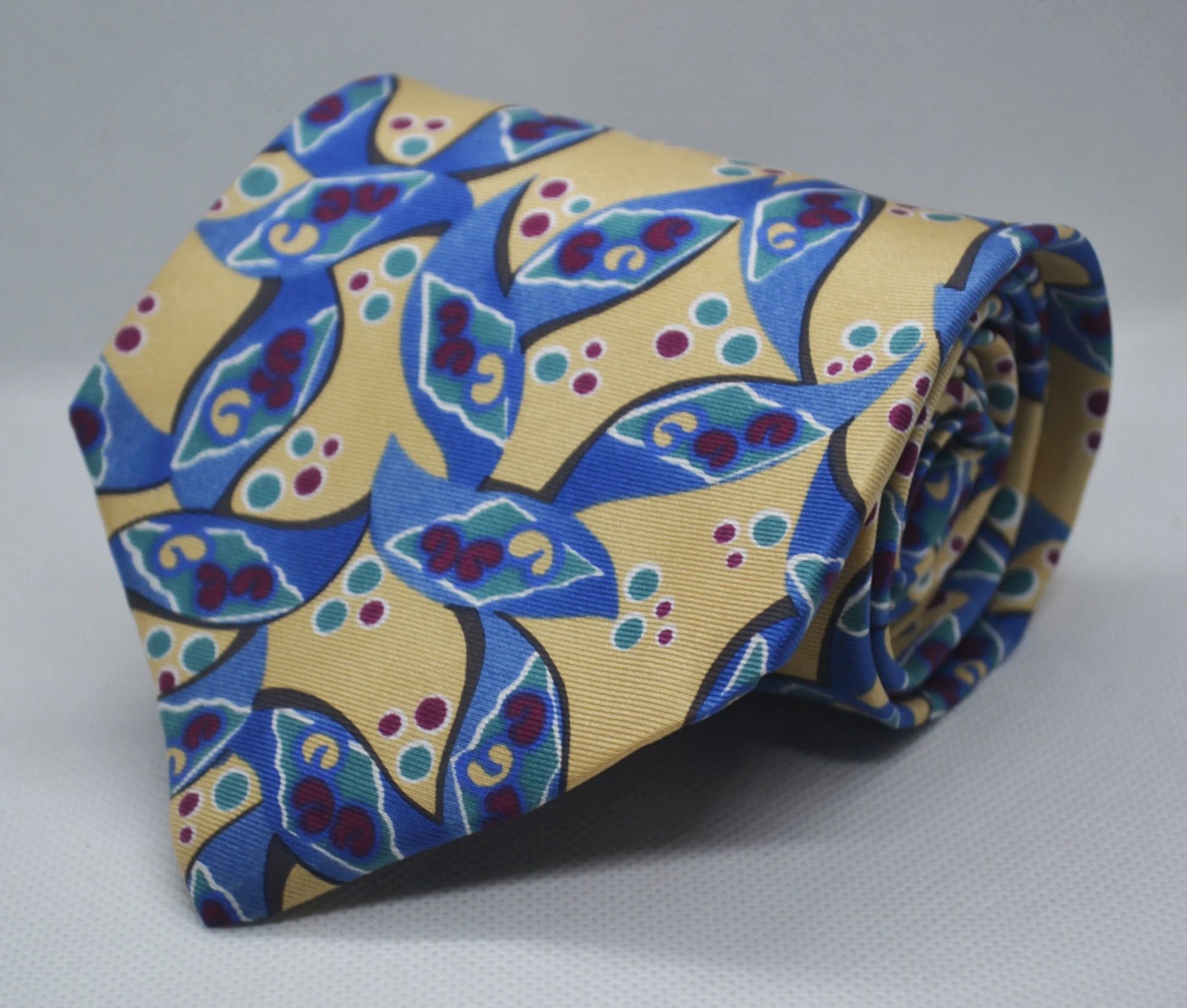 100% Silk Yellow Base Blue Printed Broad Tie