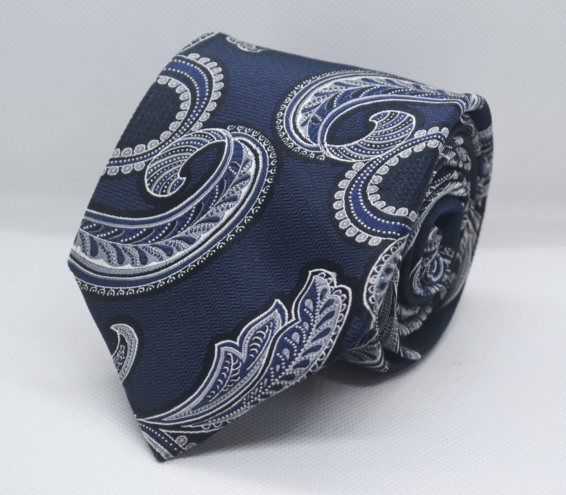 100% Silk Black Silver Paisley Tie