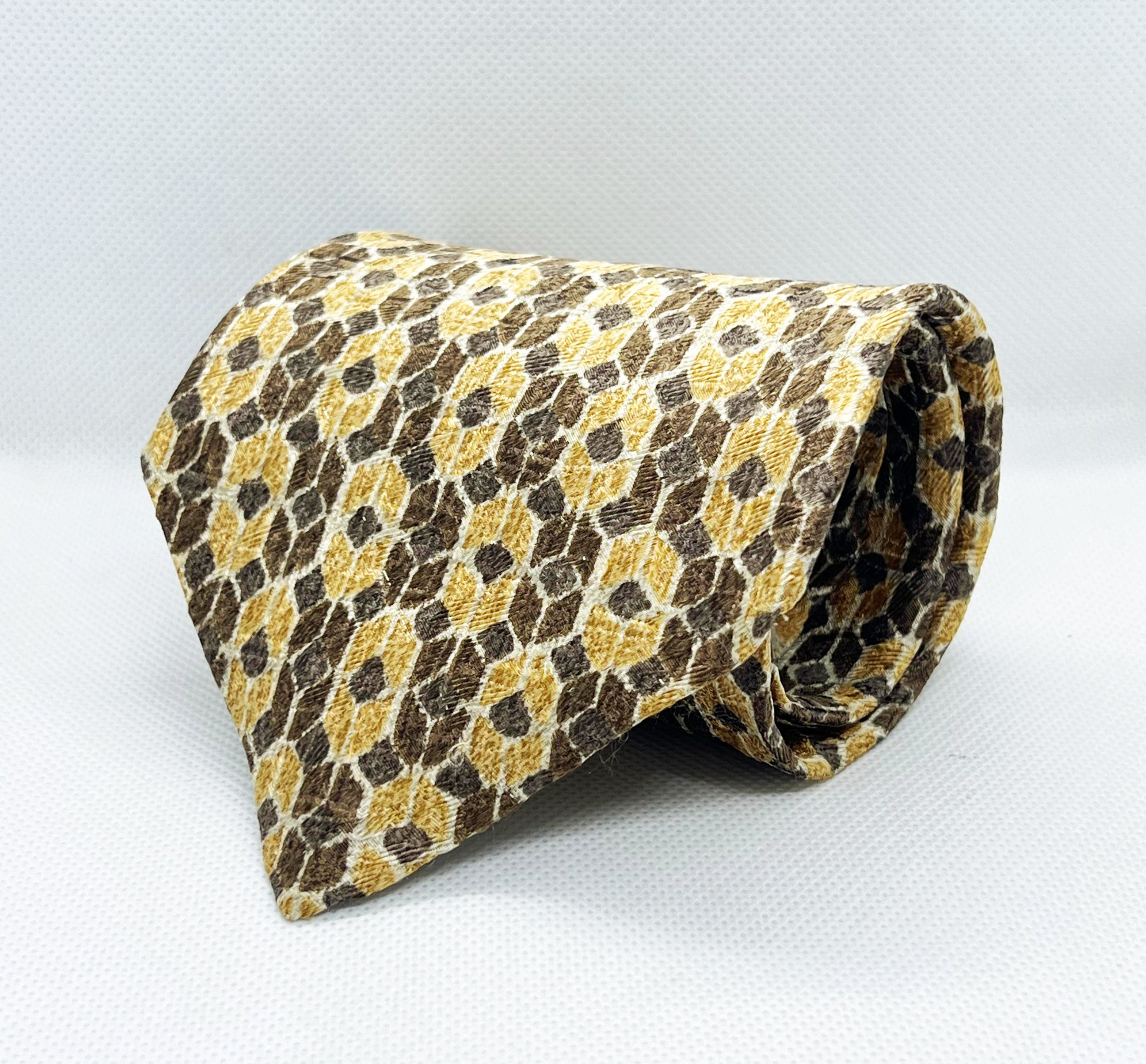 Earth-Tone Geometric Hive Print Silk Broad Tie