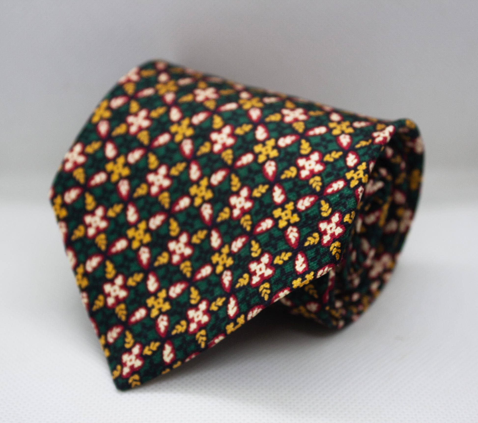 Emerald Green Silk Tie with Red & Yellow Floral Print