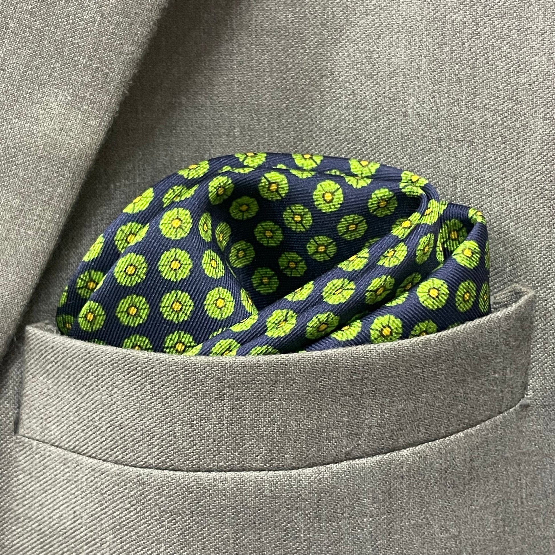 14 by 14 inches Navy & Lime Medallion Pocket Square