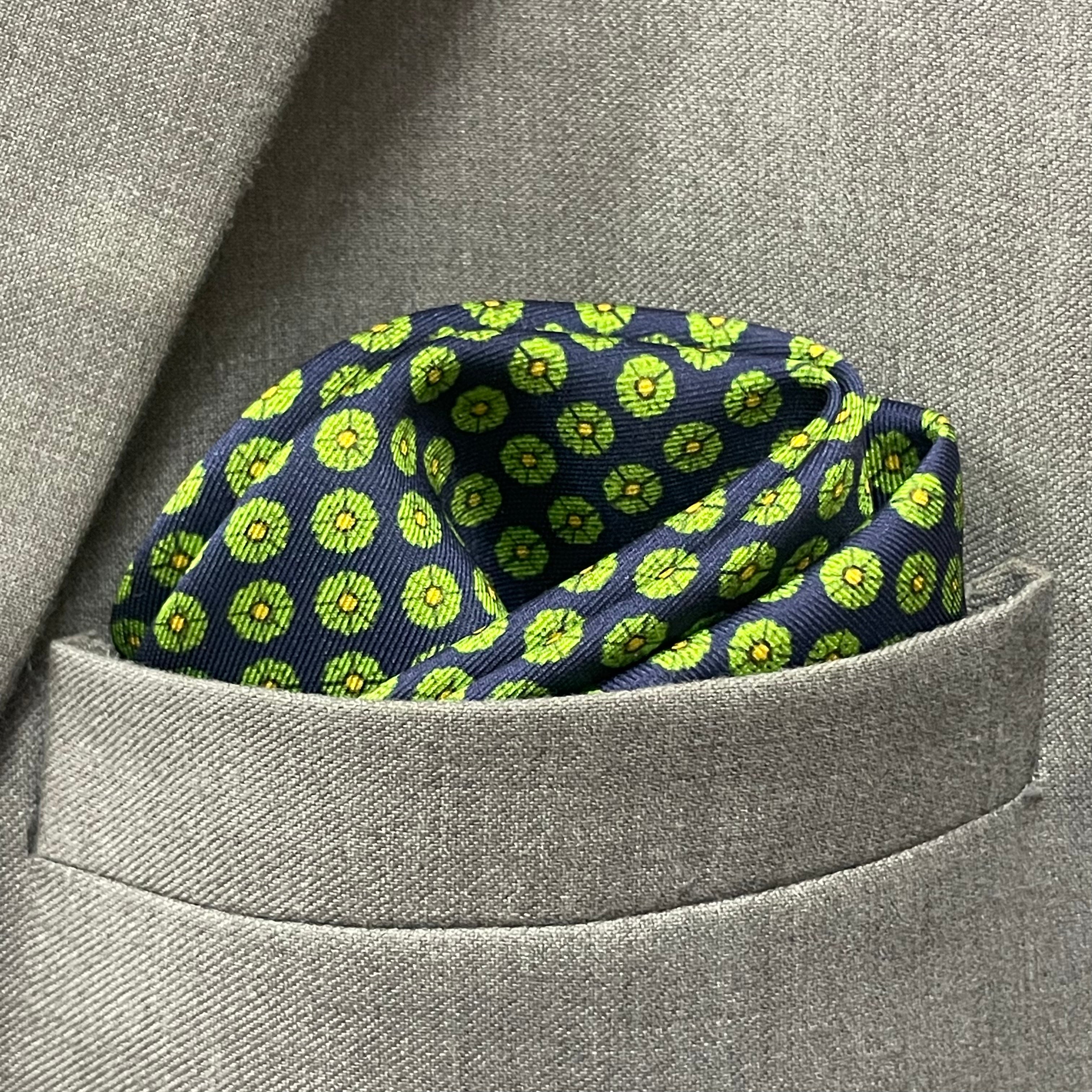 14 by 14 inches Navy & Lime Medallion Pocket Square