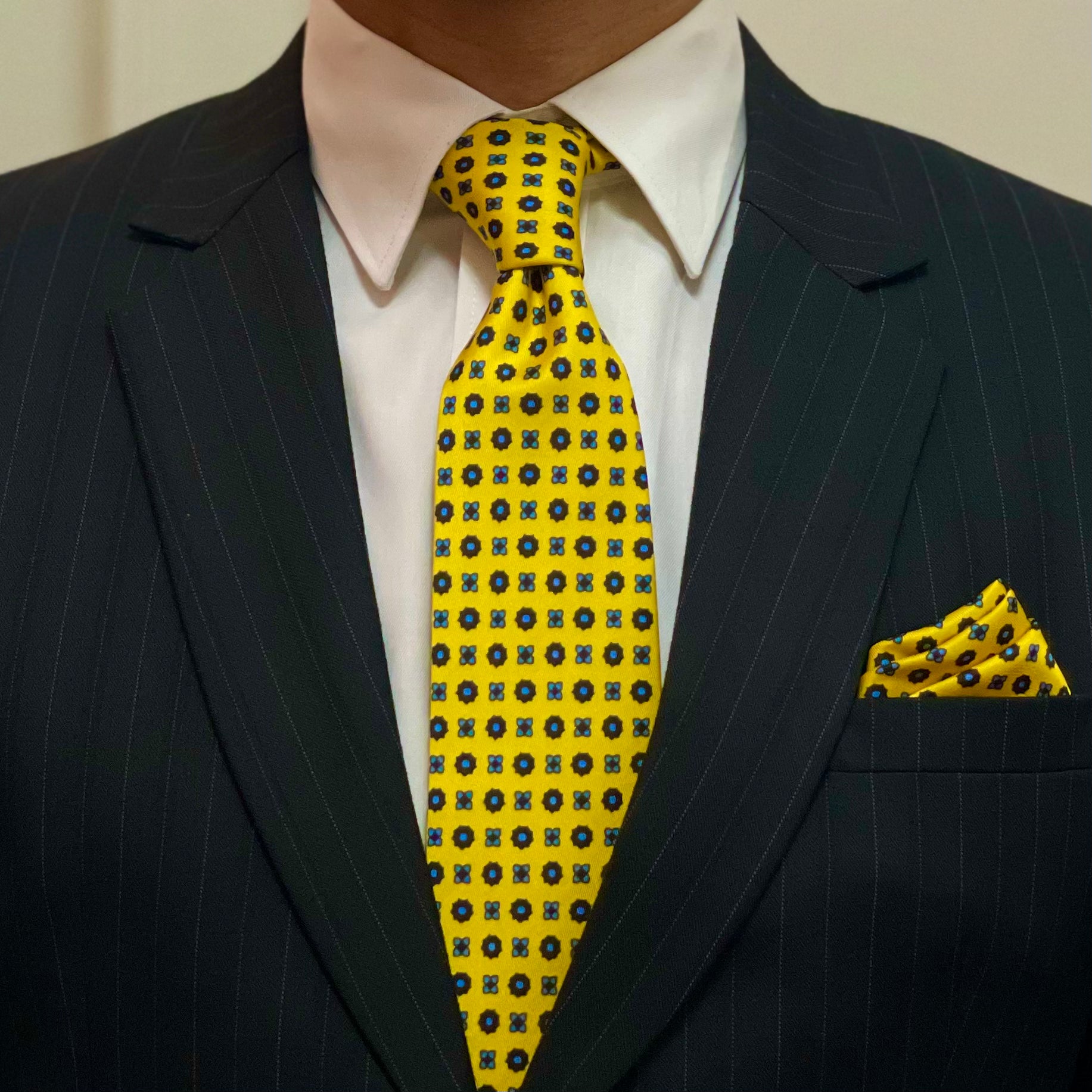 Golden Yellow with Navy Micro Tie with Pocket Square Set